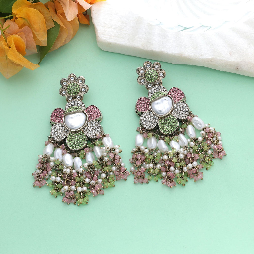 Light Pink & Light Green Color Turkish Kundan Bridal Earrings For Women