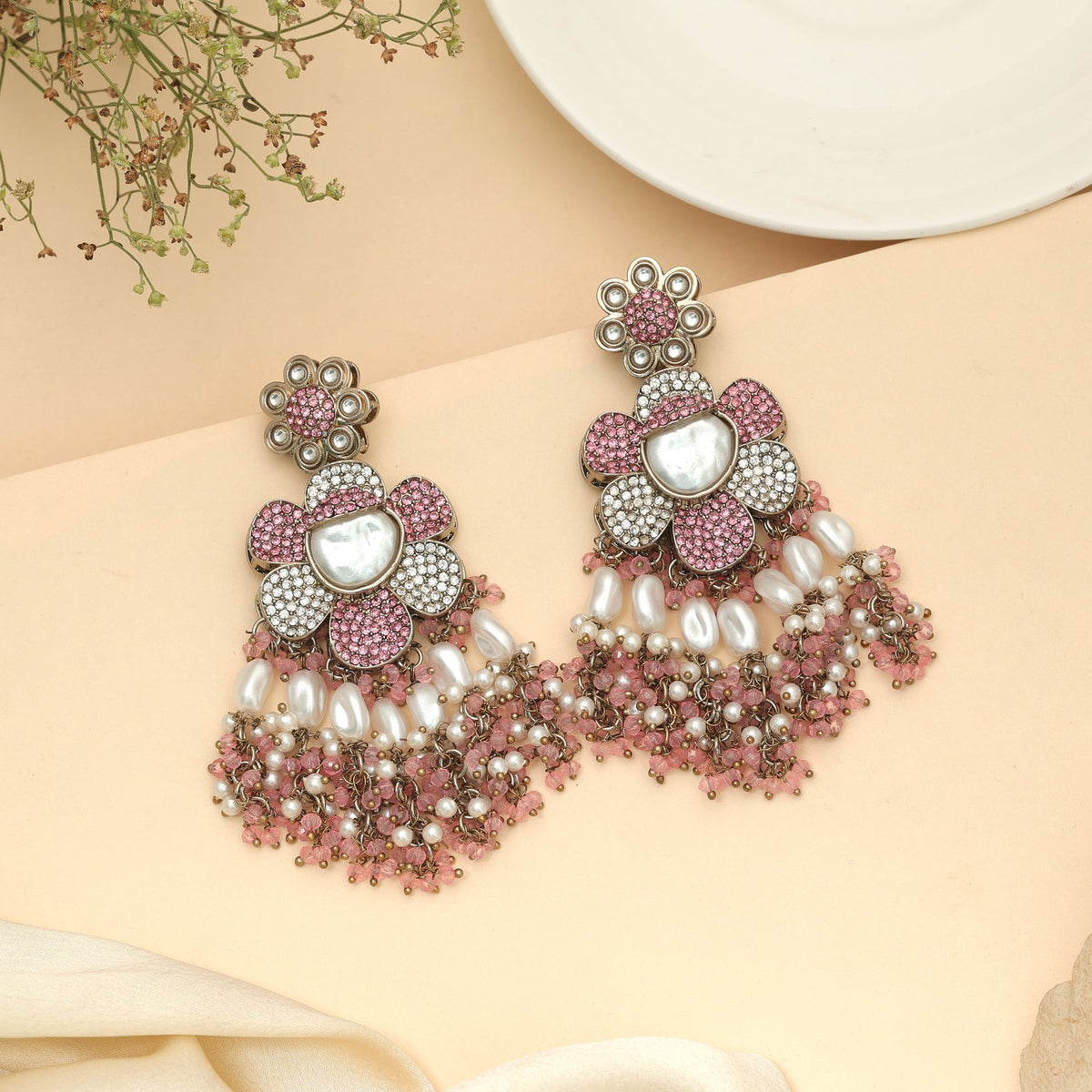 Cute Soft Light Pink Color Turkish Kundan Earrings For Girls Outfits