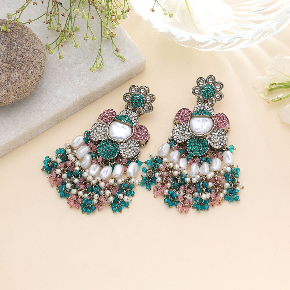 Light Pink & Rama Green Color Turkish Kundan Earrings For Women