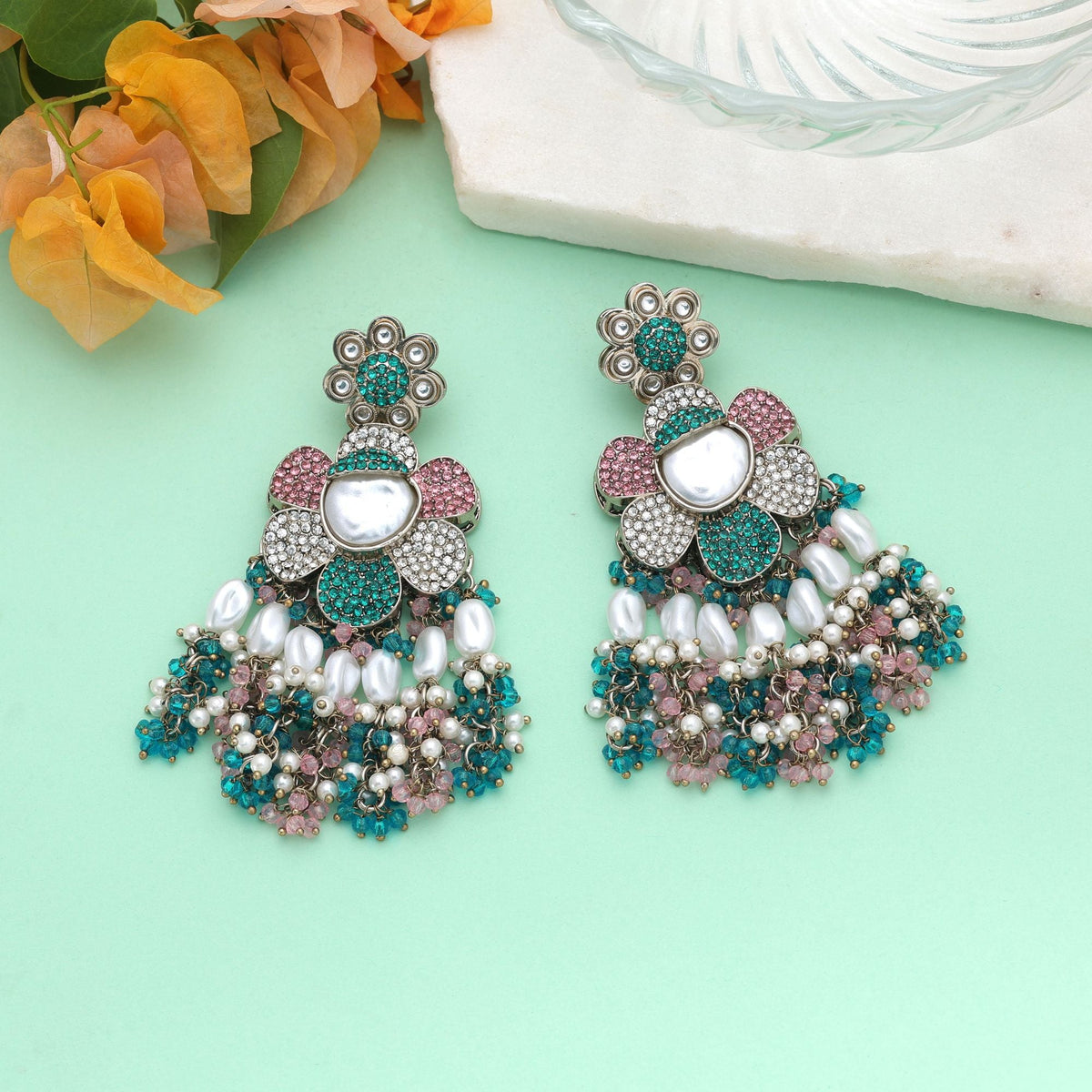 Light Pink & Rama Green Color Turkish Kundan Earrings For Women