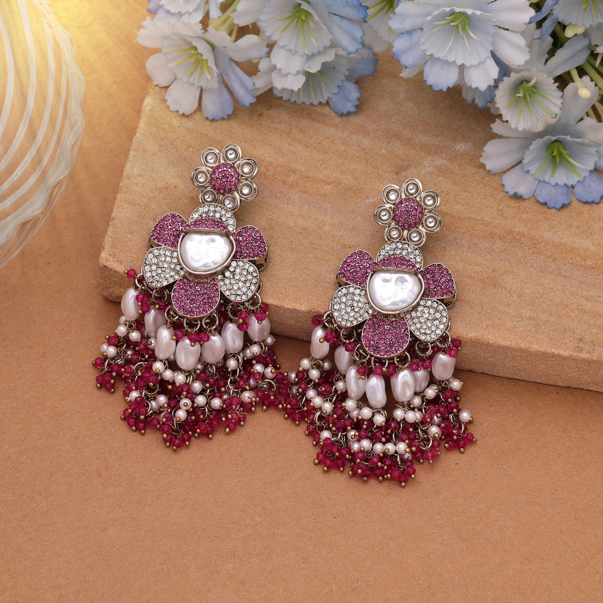 Pretty Baby Pink Color Turkish Kundan Drop Earrings For Festive Wear