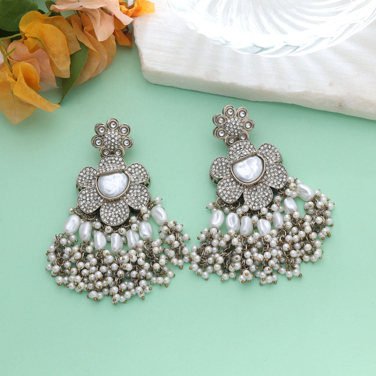 White Color Turkish Kundan Bridal Earrings For Women