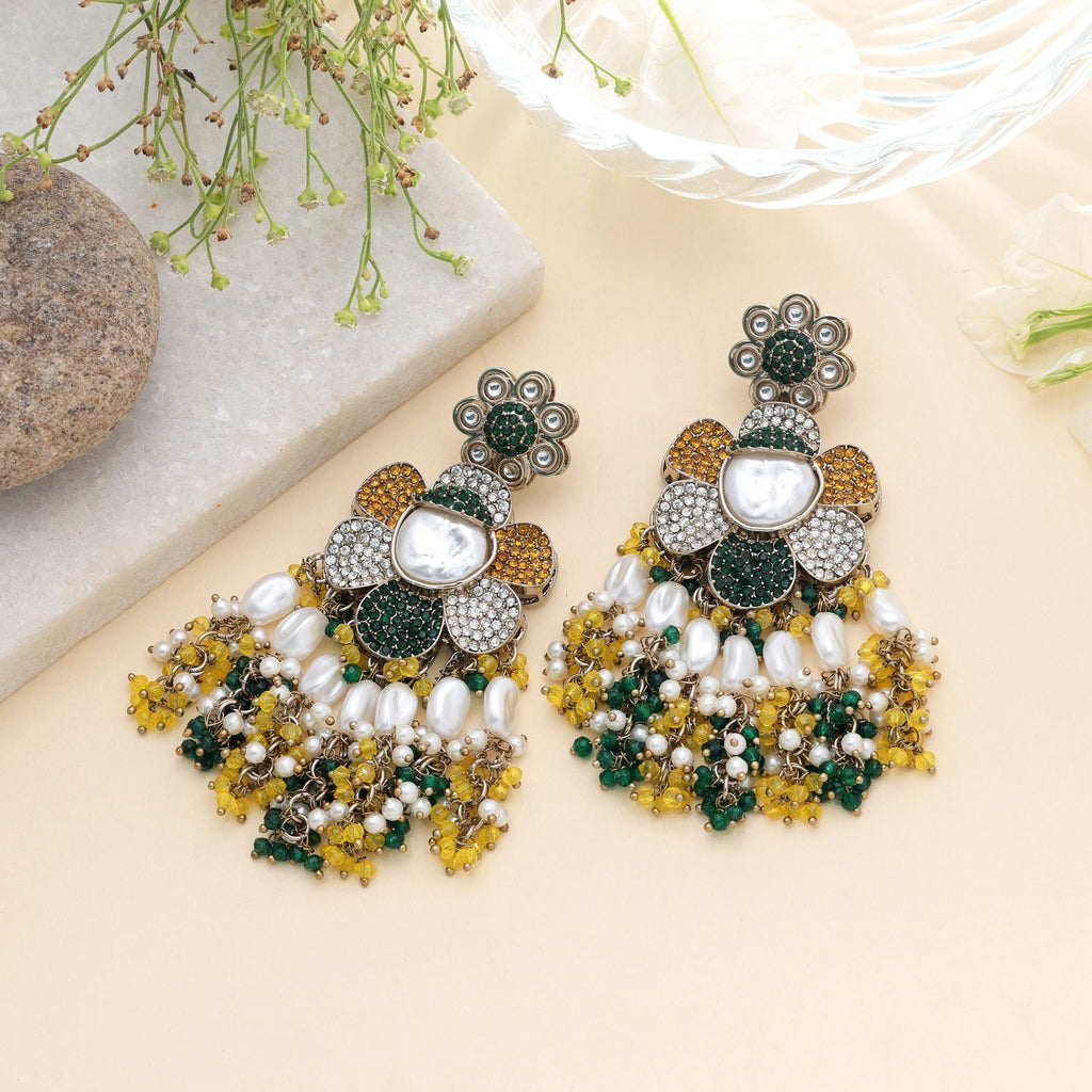 Yellow & Green Color Turkish Kundan Traditional Earrings For Women