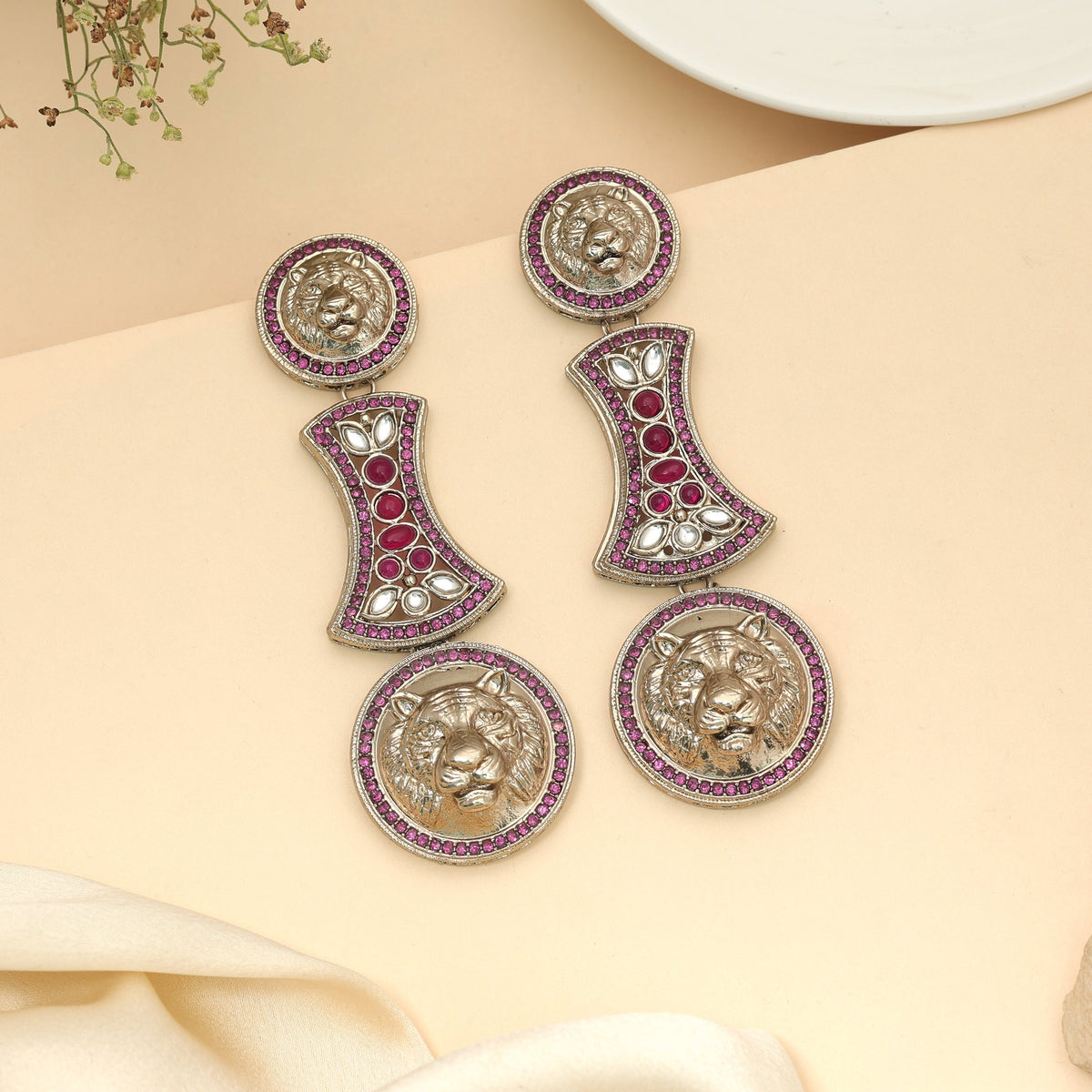 Vibrant Hot Pink Color Kundan Jhumka Earrings For Indian Celebration Outfits