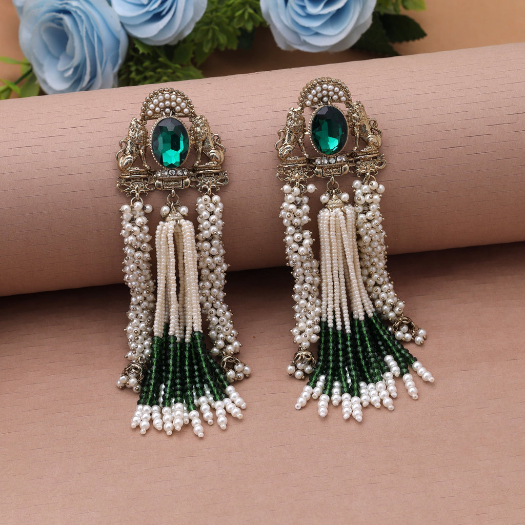 Exquisite Dark Green Color Kundan Statement Earrings For Traditional Women Wear