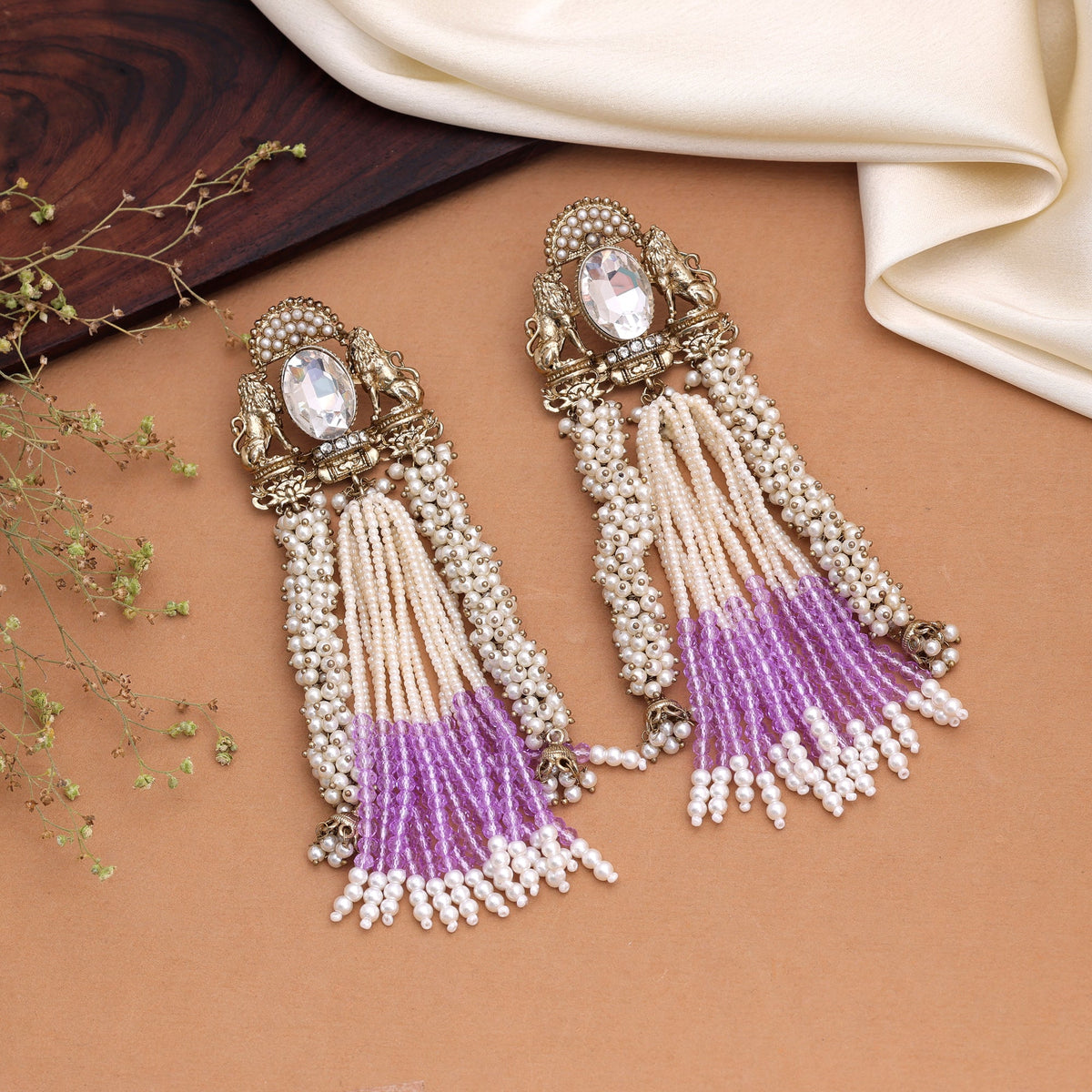 Lavender Color Kundan Drop Earrings For Vibrant Festive Functions