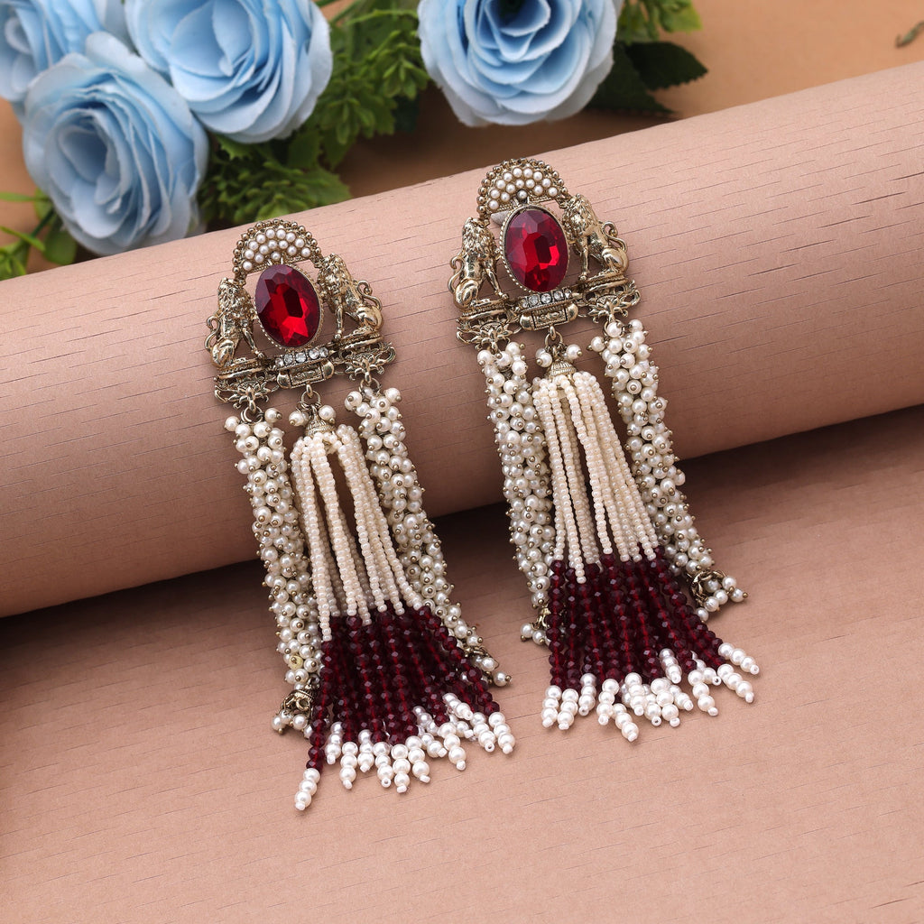Deep Crimson Maroon Color Kundan Chandbali Earrings For Indian Bridal Jewelry Set