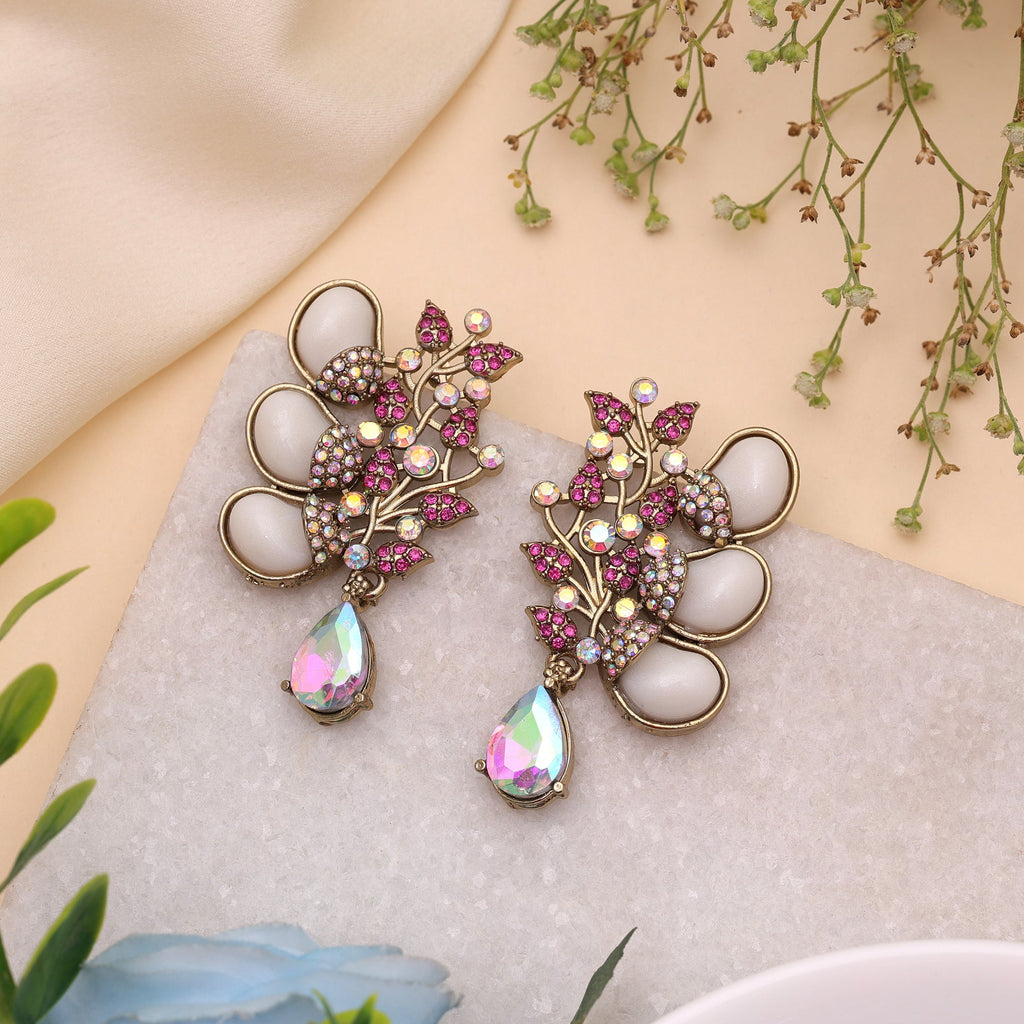 Pretty Rose Pink Color Kundan Pearl Embellished Earrings For Young Girls
