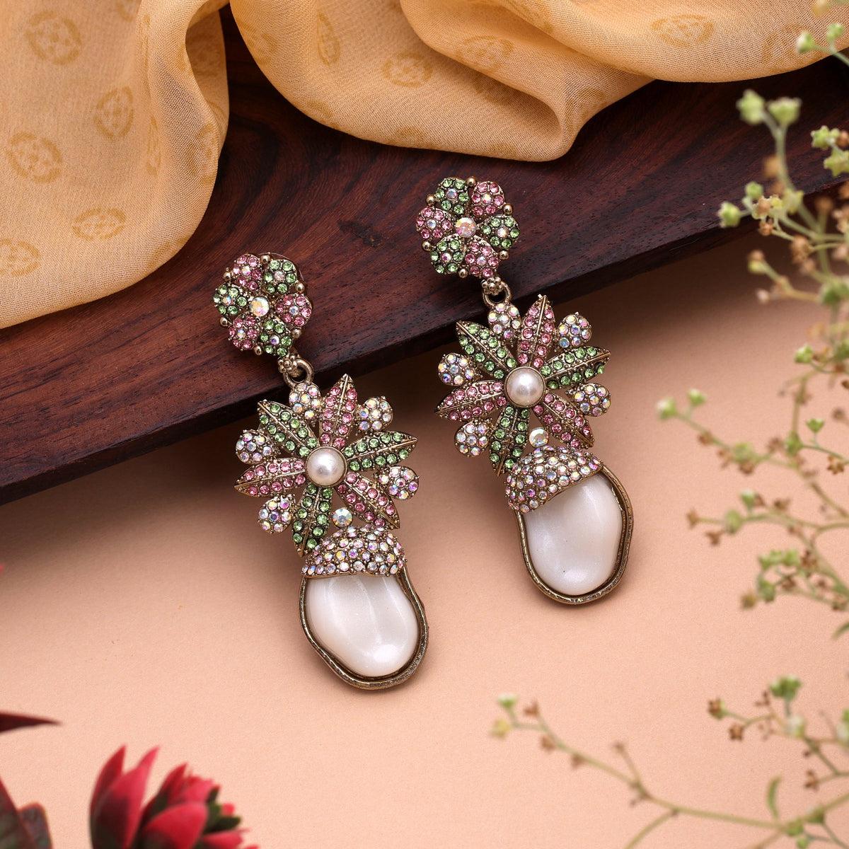 Lovely Light Pink Light Green Color Kundan Floral Earrings For Lehengas