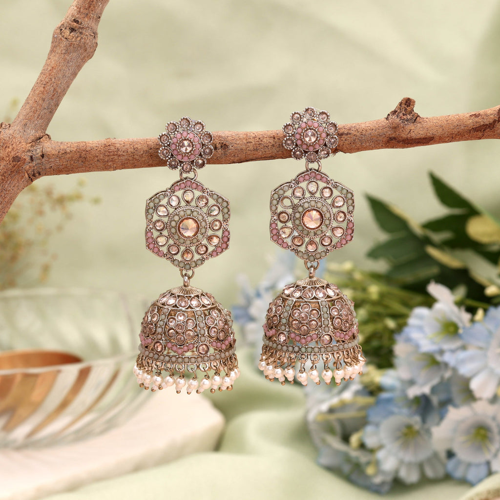 Elegant Dual Tone Light Pink and Parrot Green Color Kundan Earrings Jhumka
