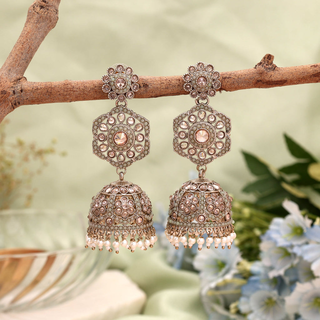 Traditional Parrot Green Color Kundan Earrings Jhumka for Ethnic Indian Festive Wear