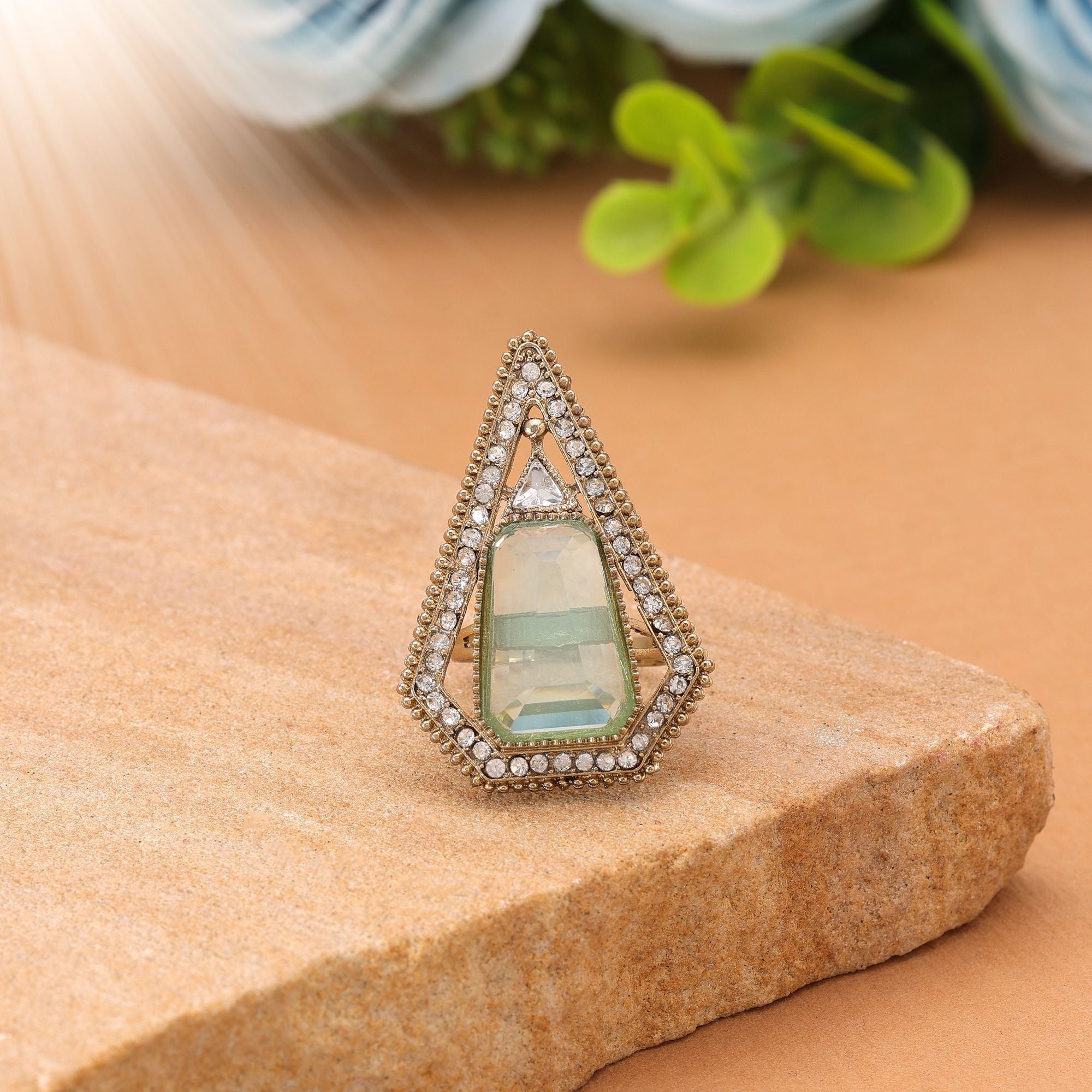 Hand Crafted Aqua Color Festive Kundan Ring