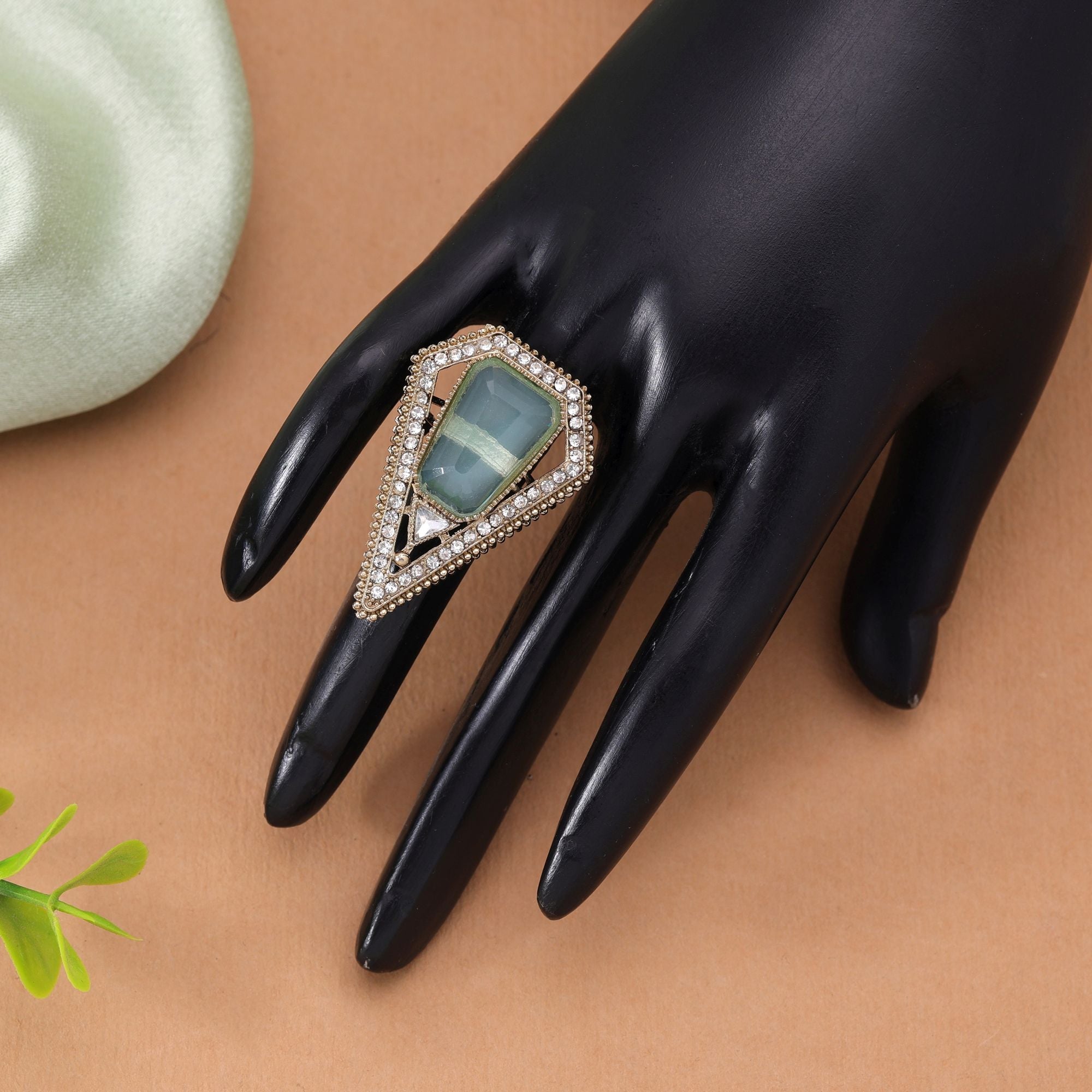 Hand Crafted Aqua Color Festive Kundan Ring