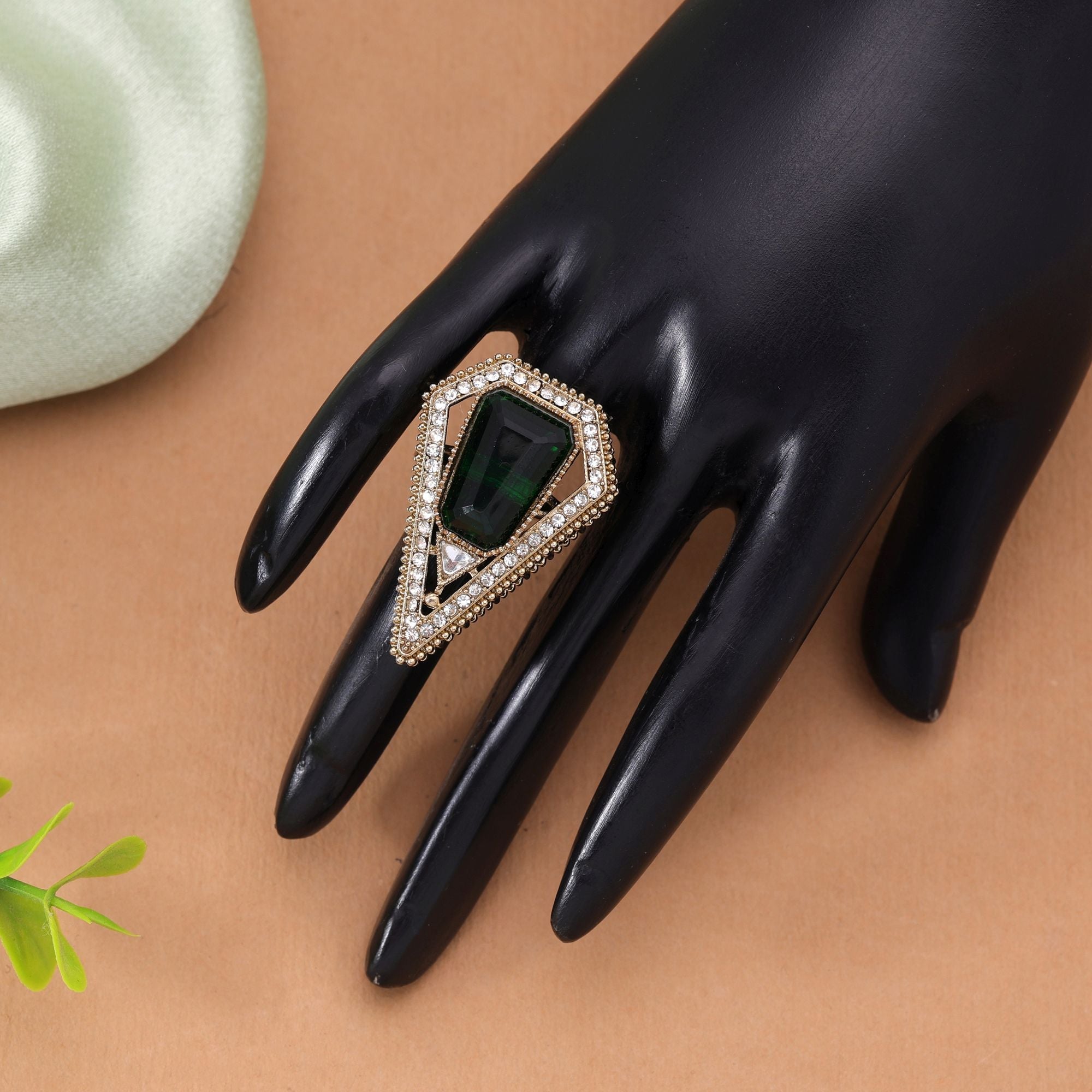 Green Color Handcrafted Kundan Women's Ring