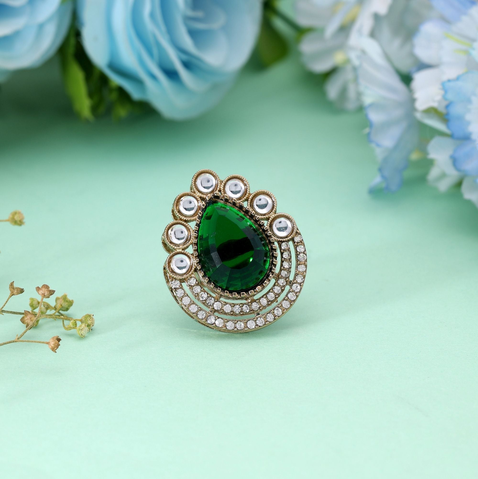 Green Color Traditional Kundan Women' Ring