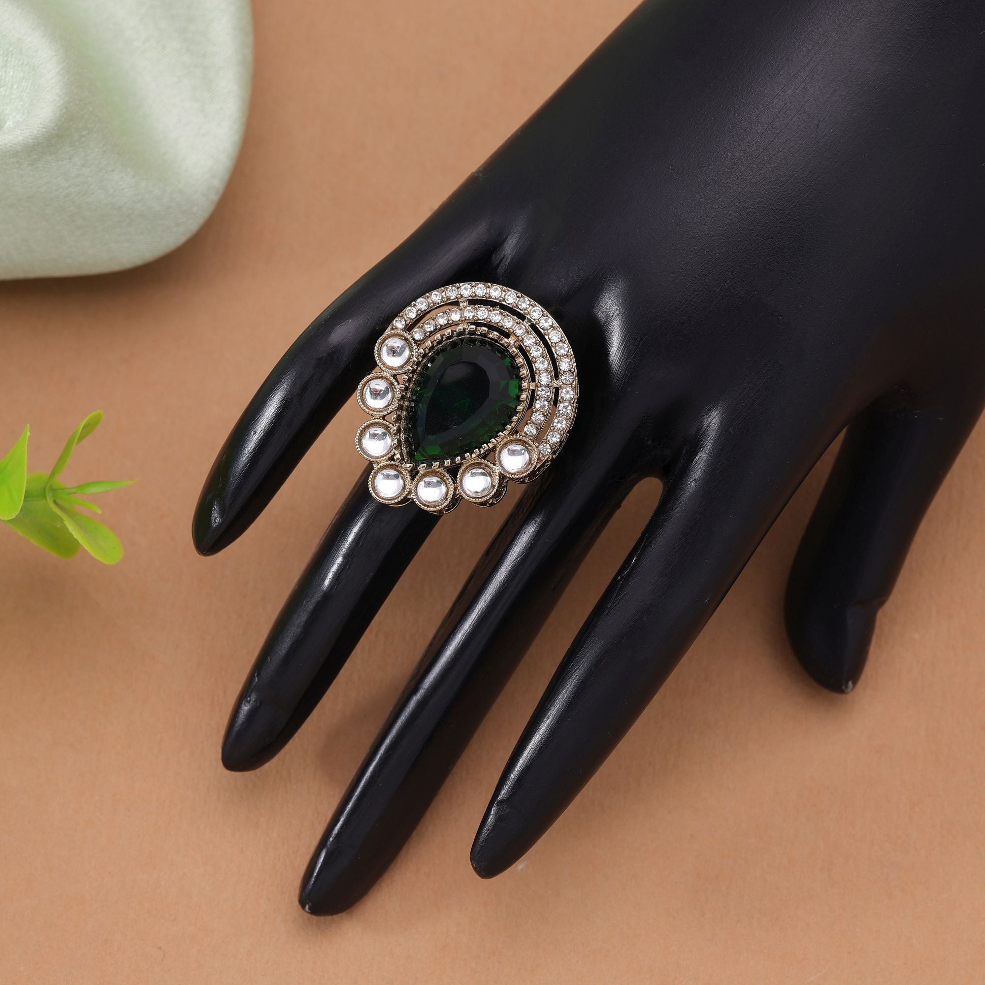 Green Color Traditional Kundan Women' Ring