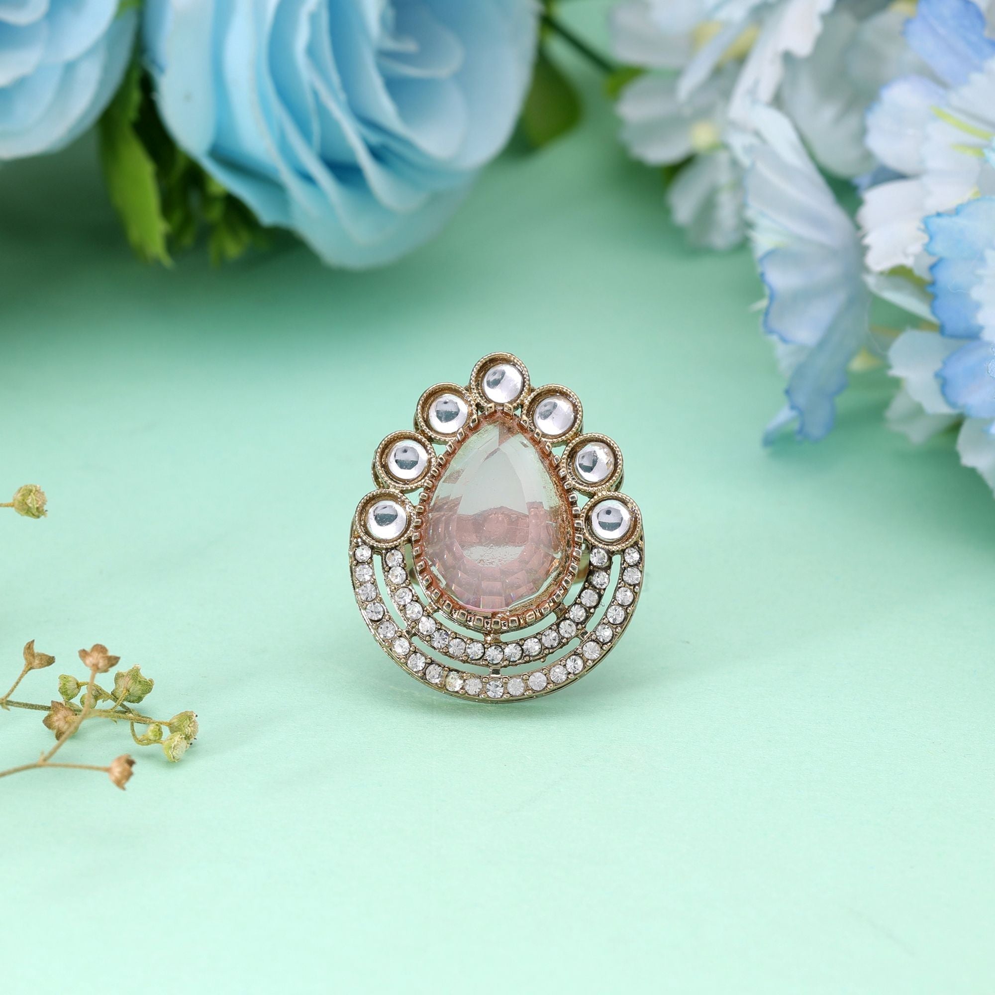Light Pink Color Wedding Kundan Women's Ring