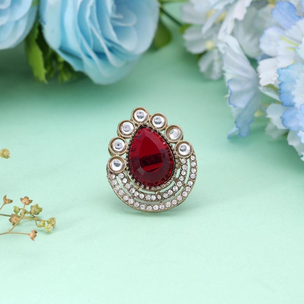 Red Color Traditional Designer Kundan Ring