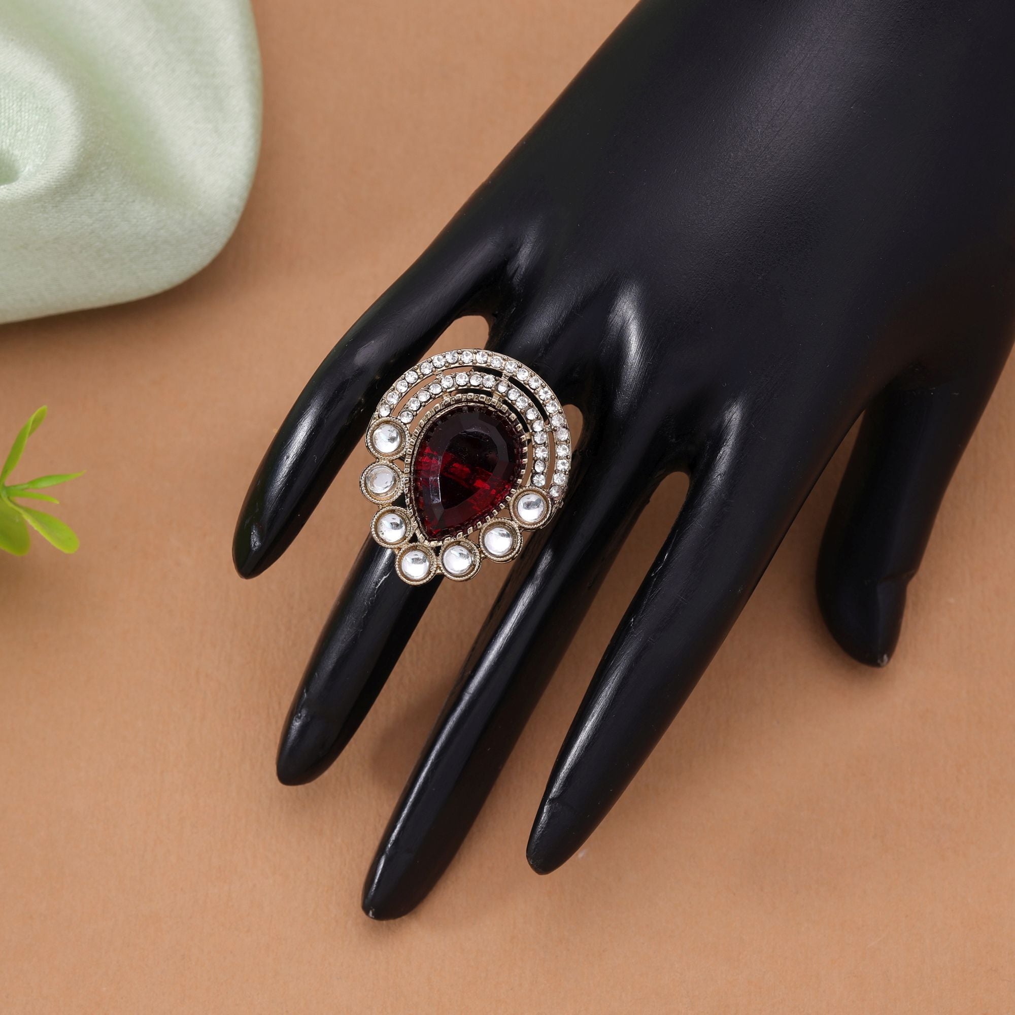 Red Color Traditional Designer Kundan Ring