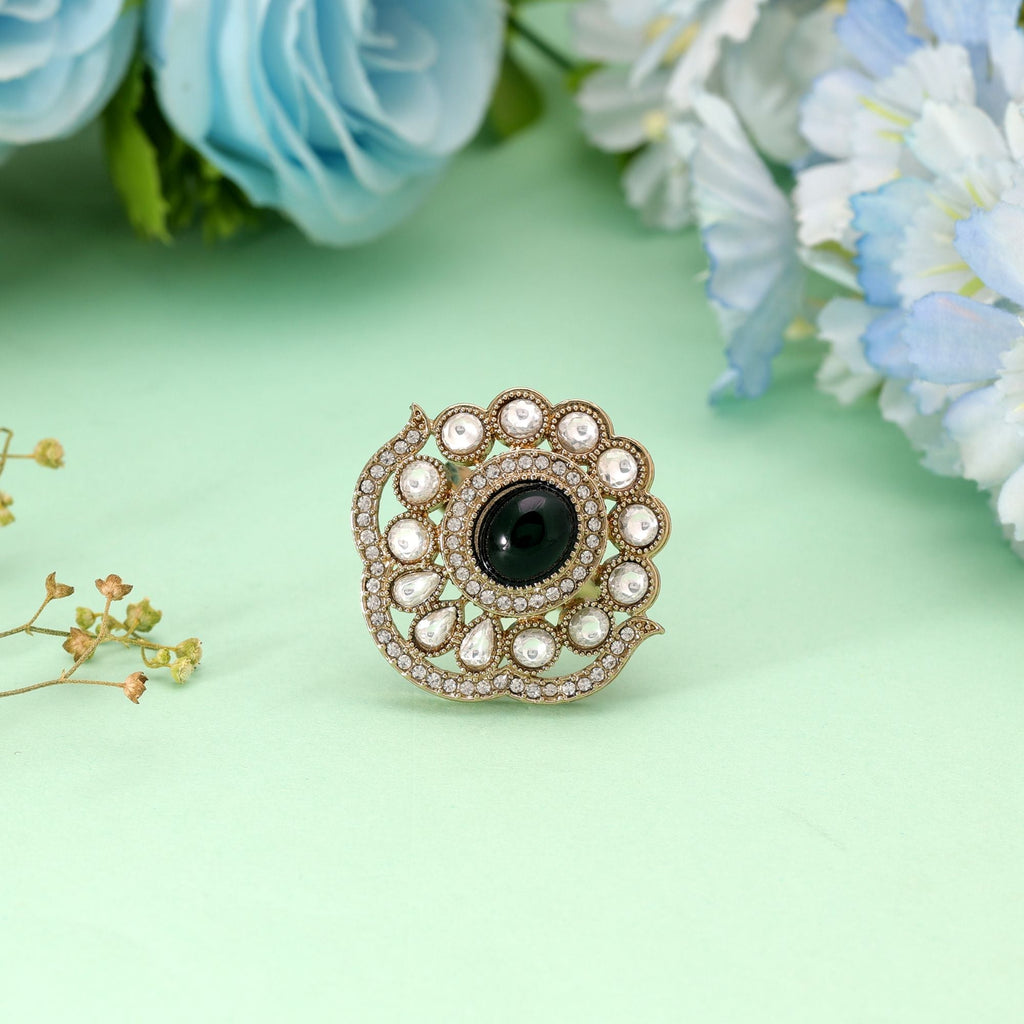 Traditional Designer Black Color Kundan Ring For Women