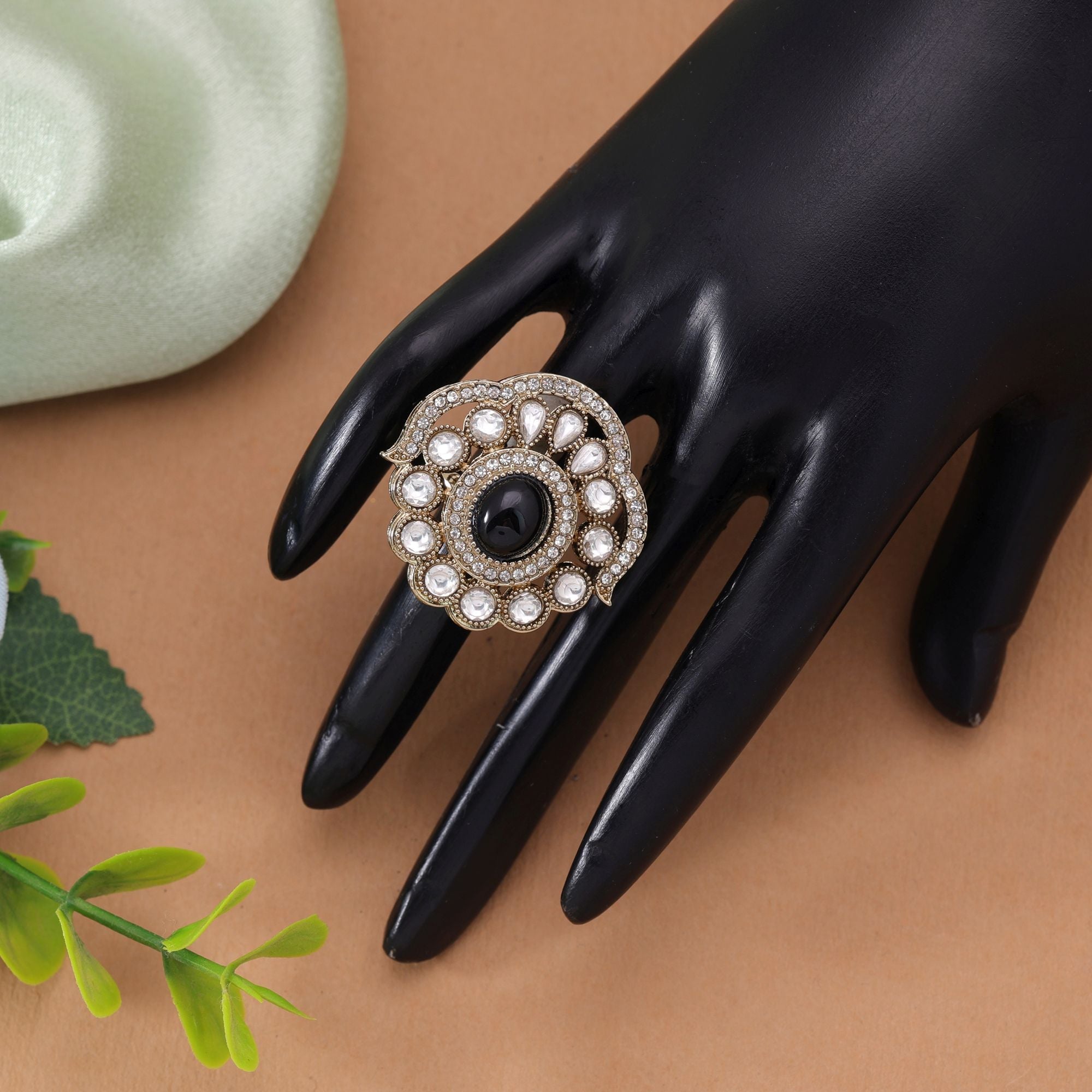 Traditional Designer Black Color Kundan Ring For Women