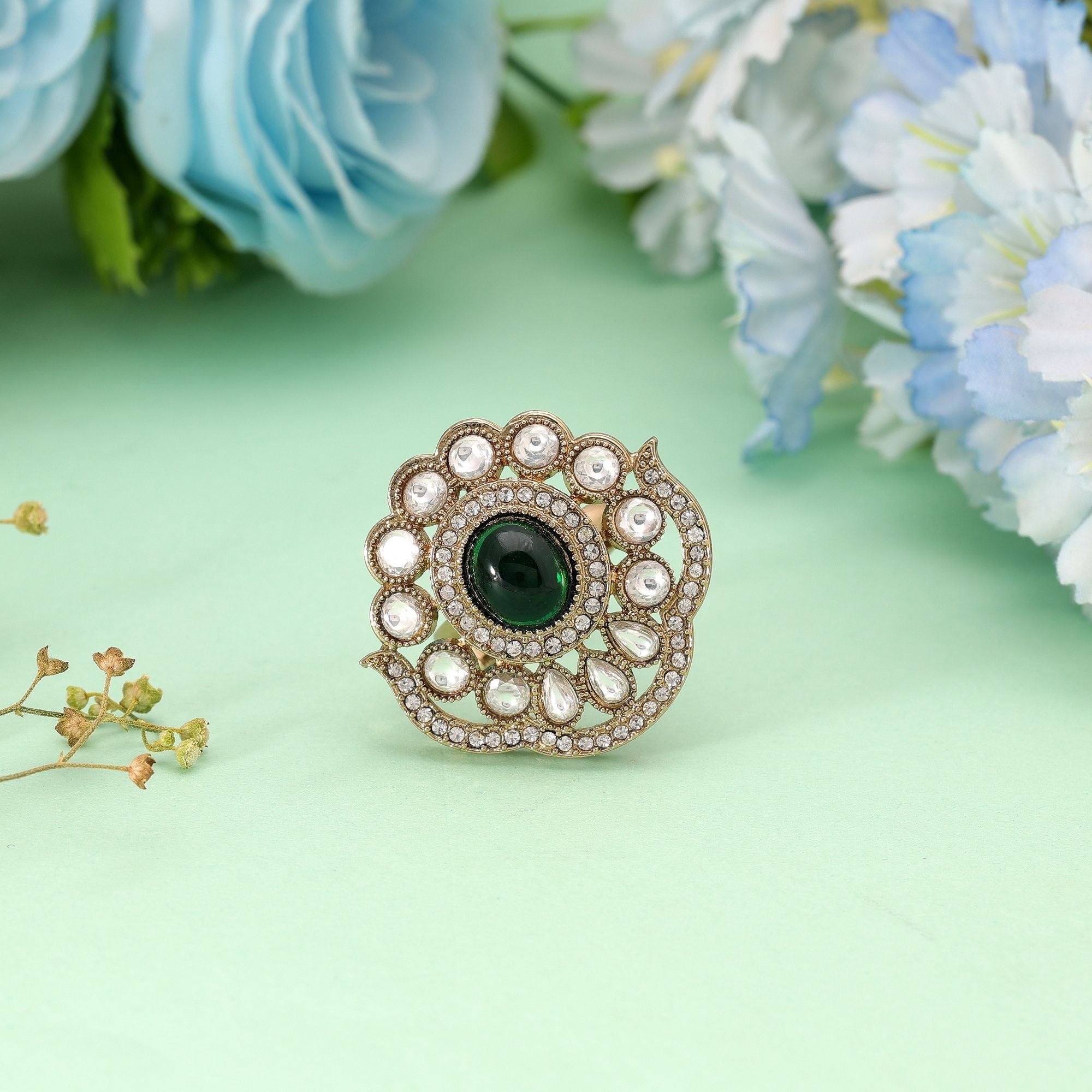 Green Color Handmade Kundan Women's Ring