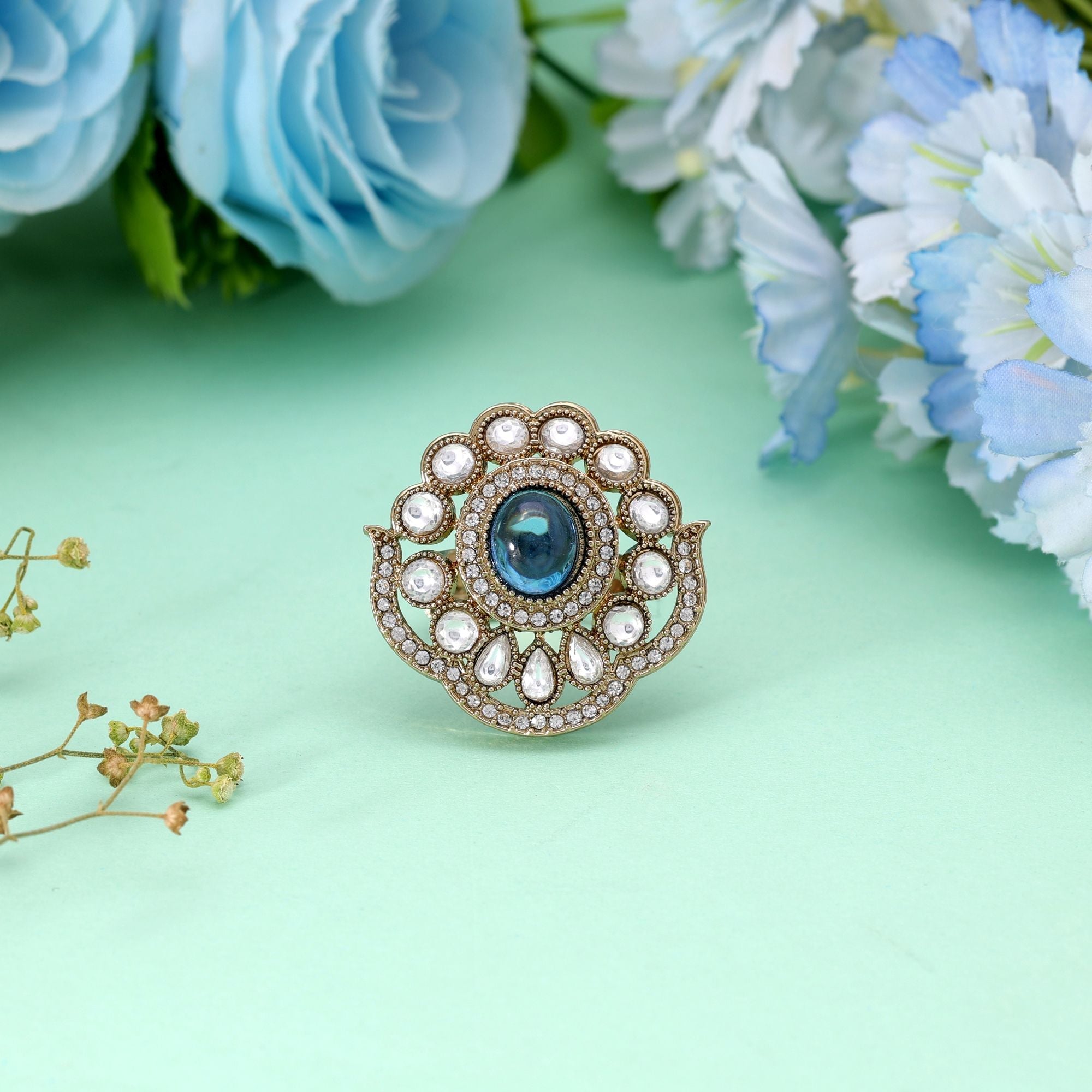 Elegant Handmade Light Blue Color Kundan Ring