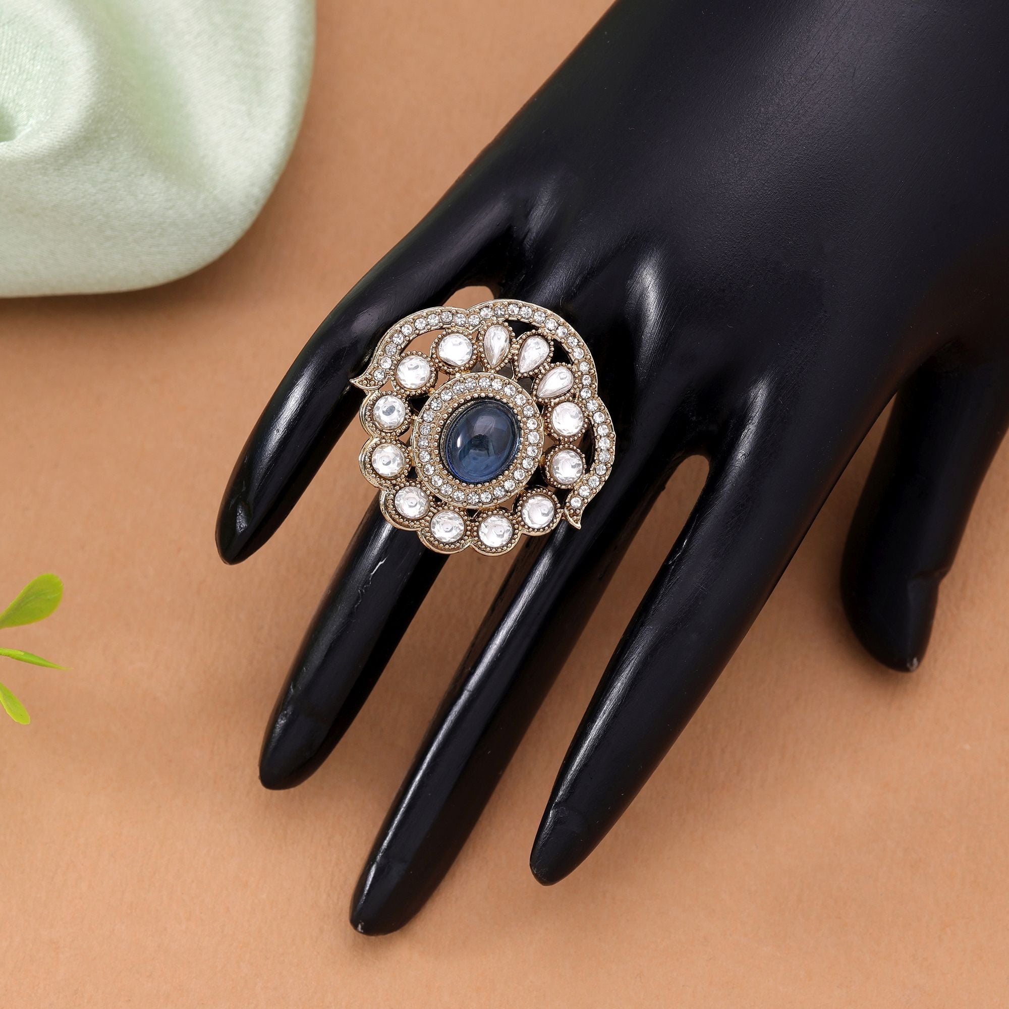 Elegant Handmade Light Blue Color Kundan Ring