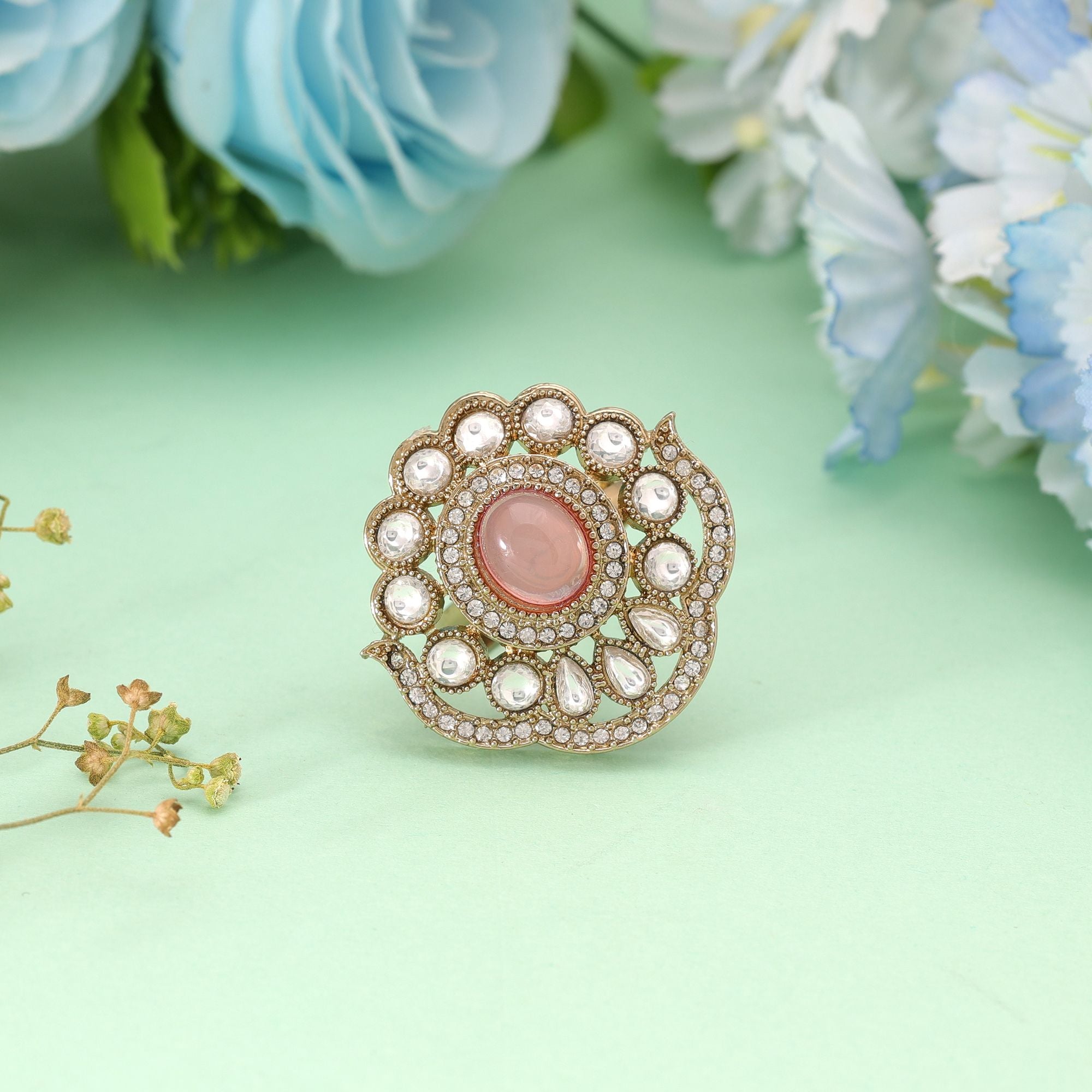 Elegant Handmade Light Pink Color Kundan Ring