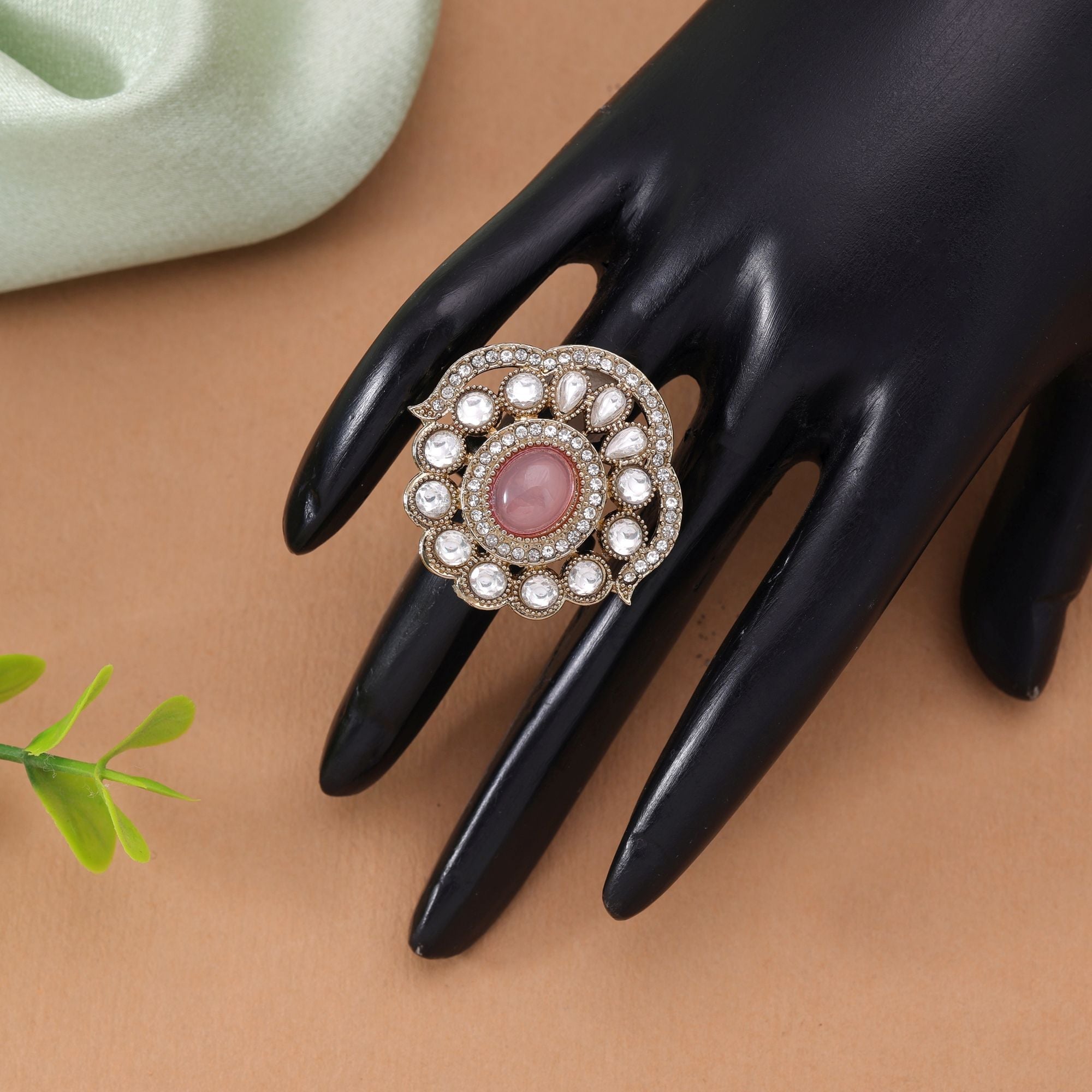 Elegant Handmade Light Pink Color Kundan Ring
