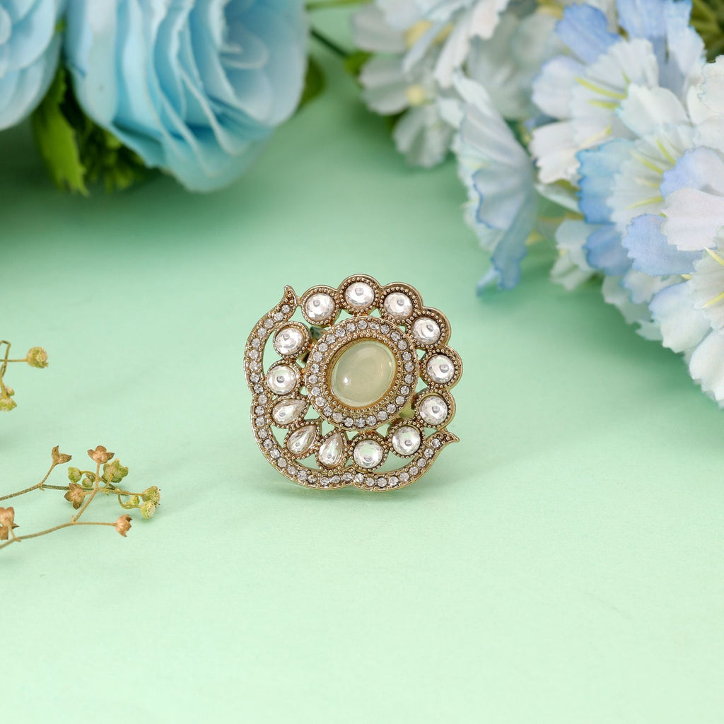 Traditional Crafted Light Yellow Color Kundan Ring