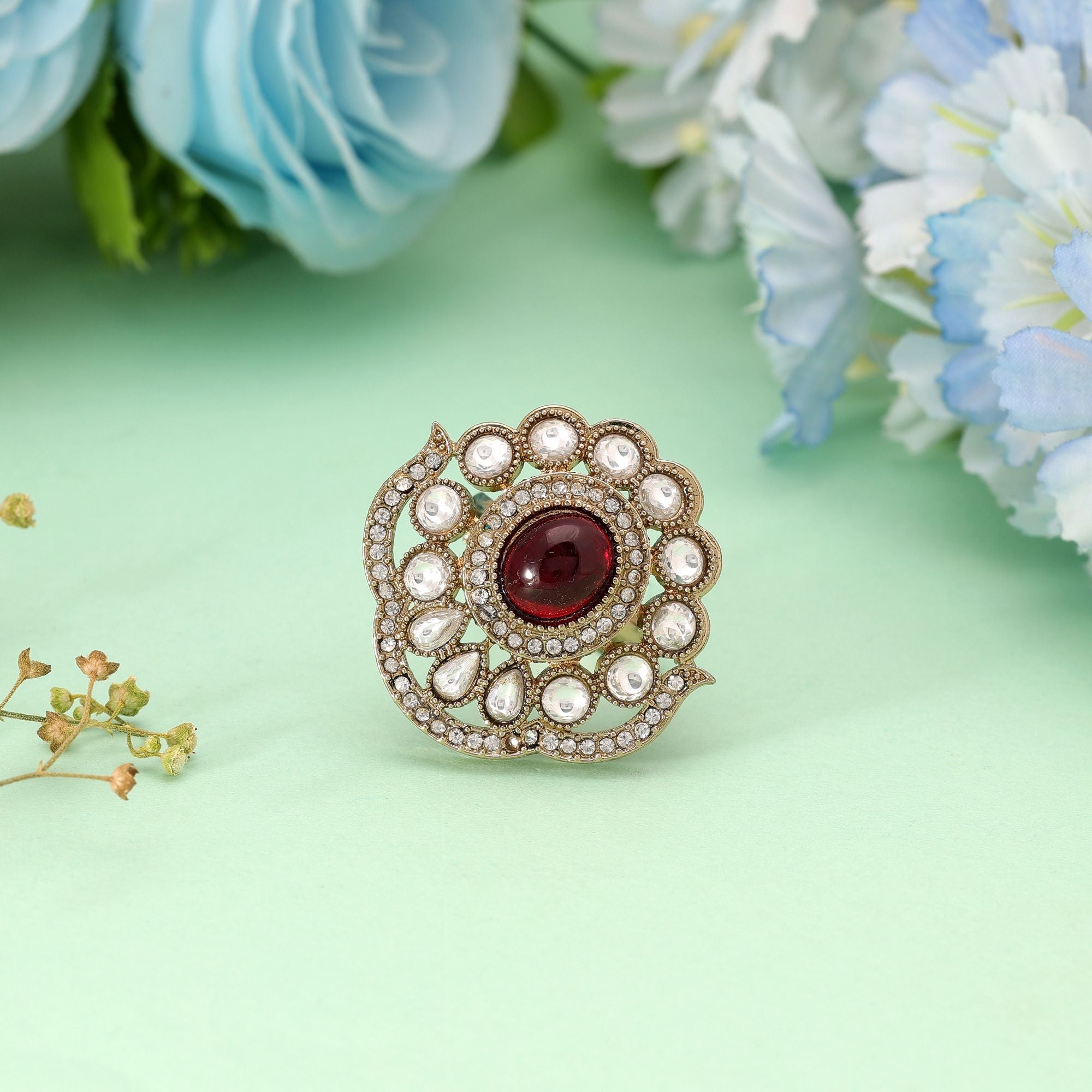 Elegant Handmade Red Color Festive Kundan Ring