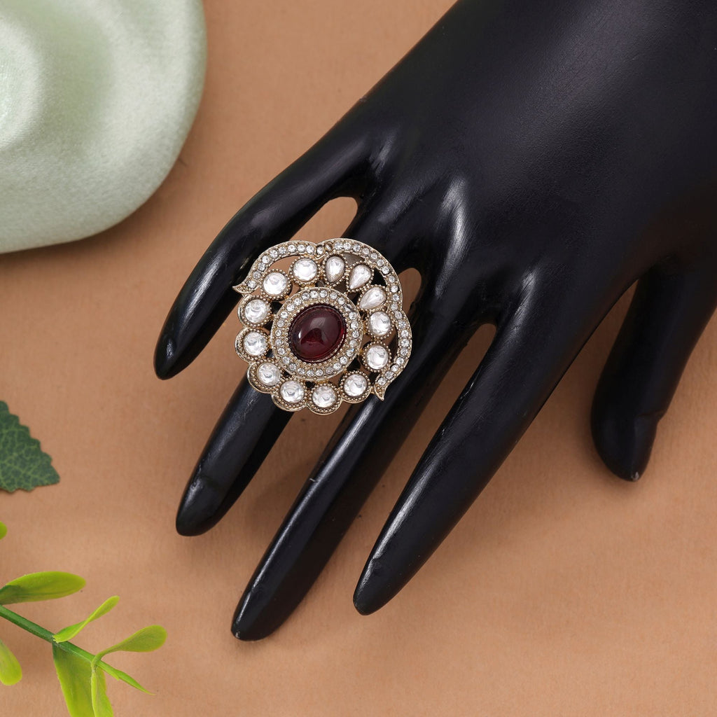 Elegant Handmade Red Color Festive Kundan Ring