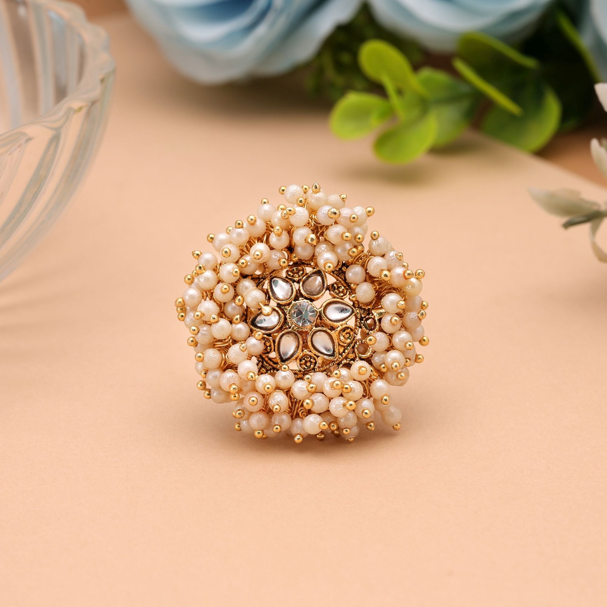 Gold & White Color Gajra Kundan Women's Ring