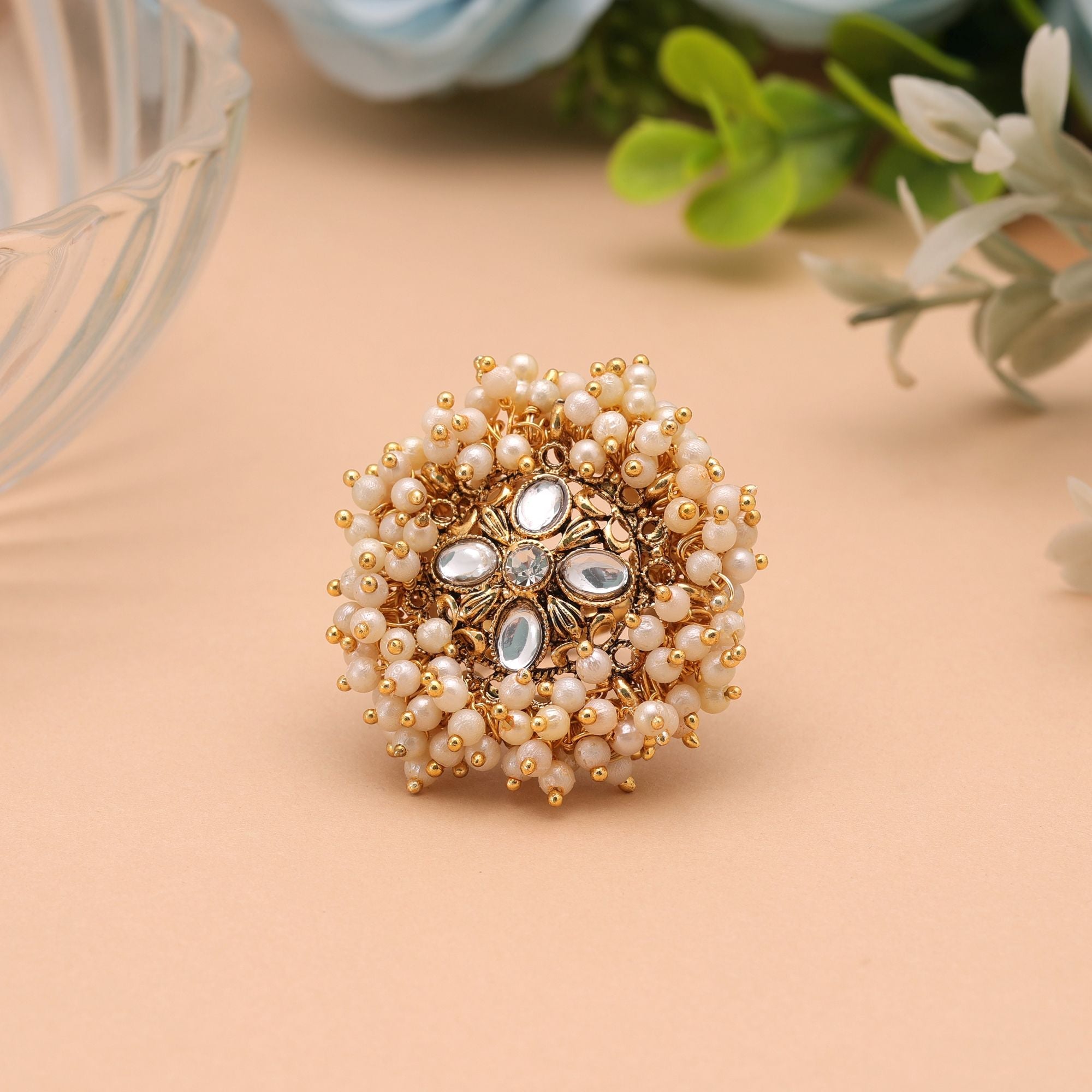 Gold & White Color Designer Gajra Kundan Ring