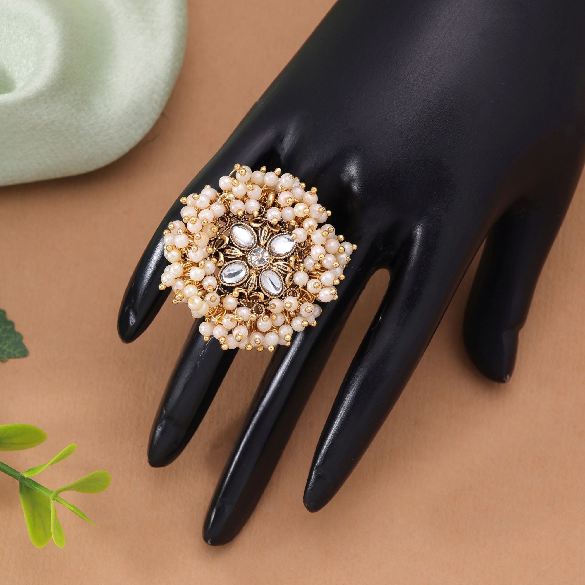 Gold & White Color Designer Gajra Kundan Ring