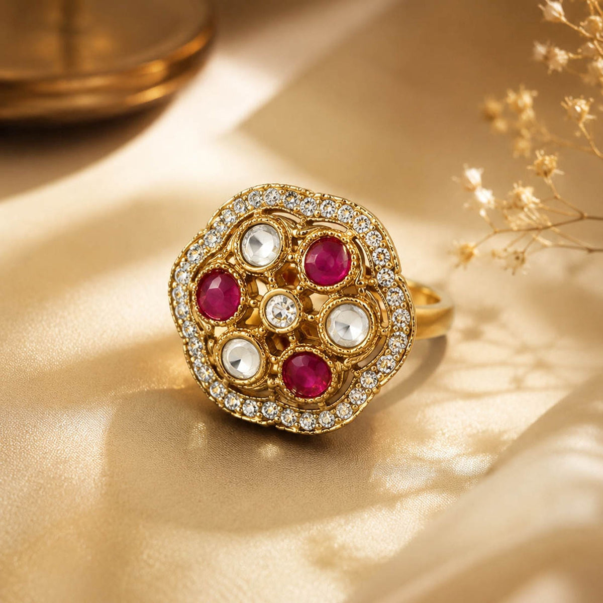 Purple Color Kundan Ring Featuring Premium Handmade Traditional Style