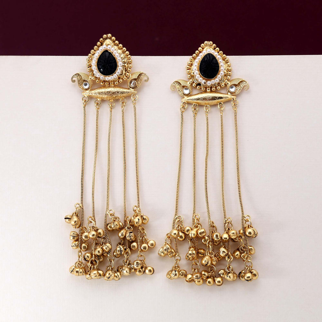Black Color Gorgeous Antique Finish Long Kashmiri Earrings For Ethnic Attire