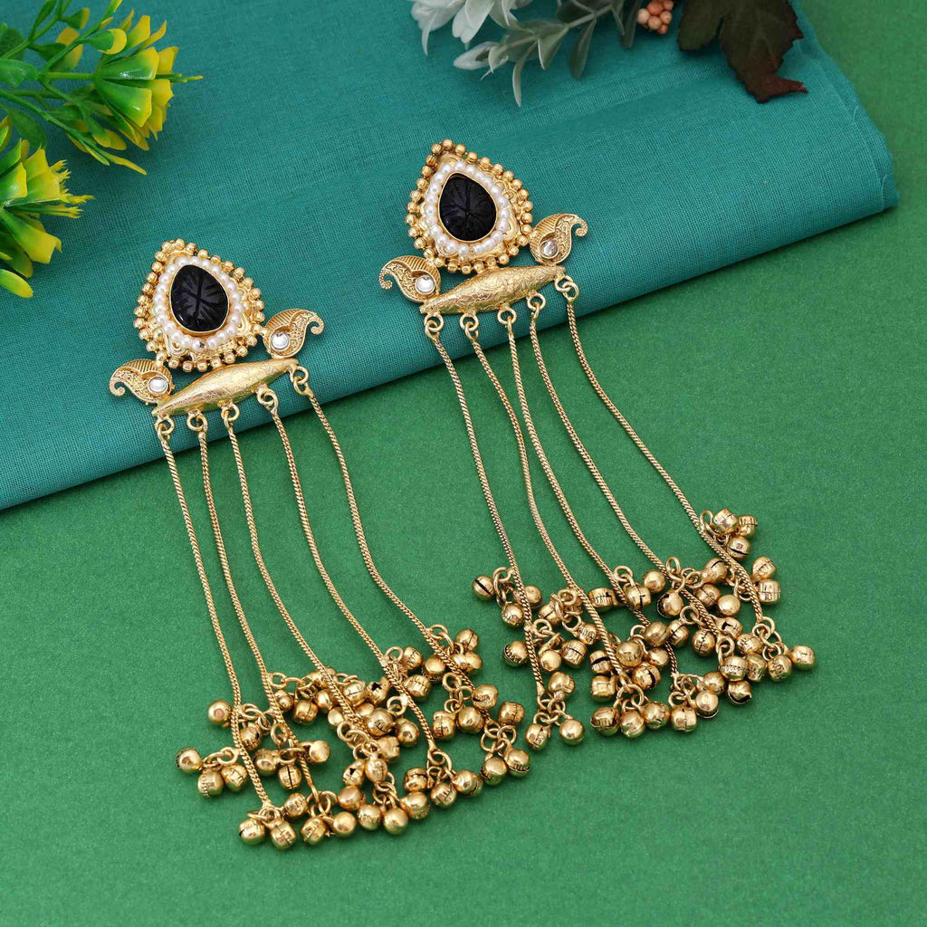 Black Color Gorgeous Antique Finish Long Kashmiri Earrings For Ethnic Attire
