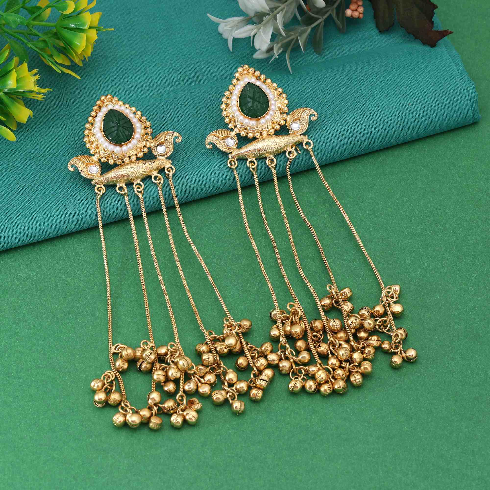 Green Color Royal Ethnic Style Long Kashmiri Earrings For Women And Girls