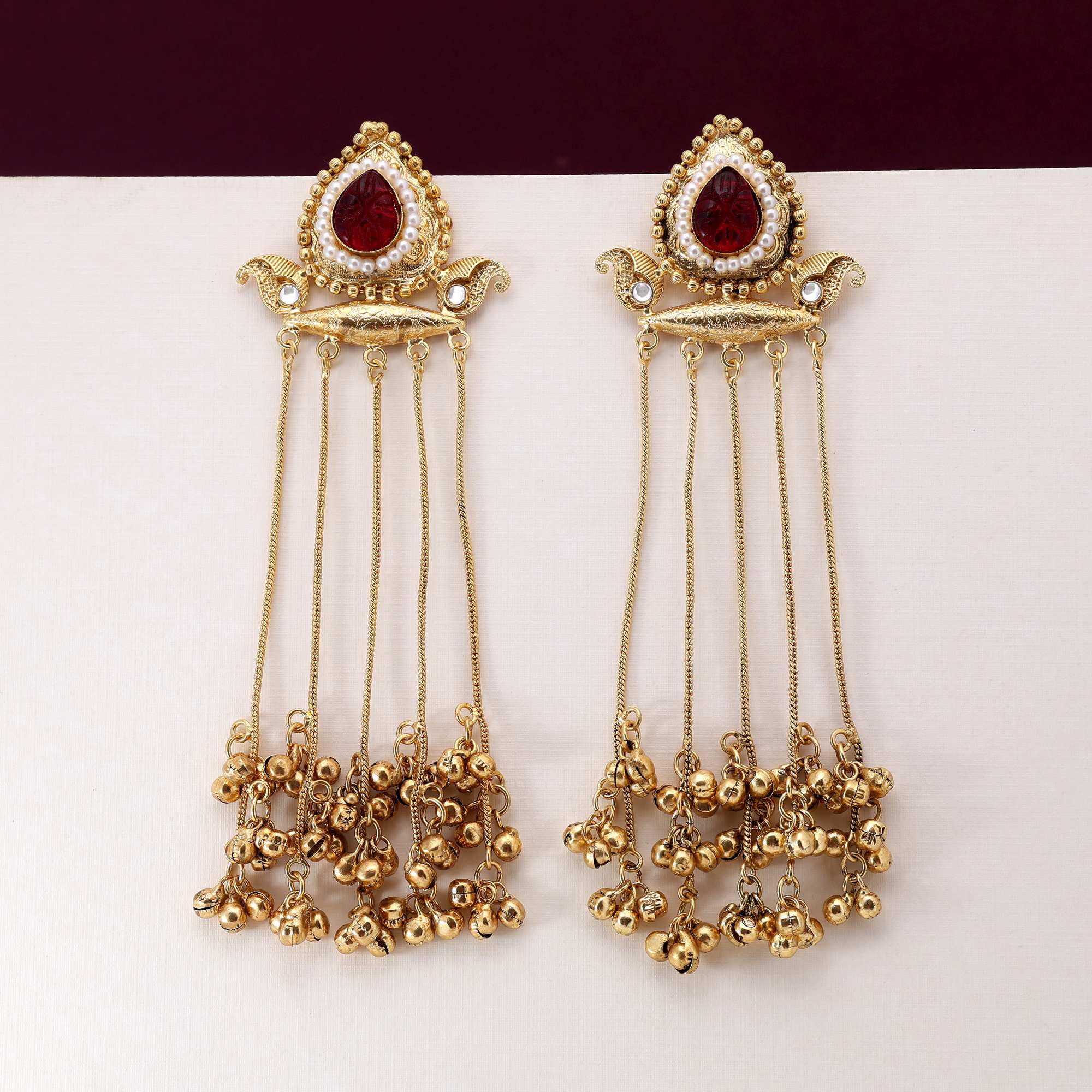 Maroon Color Elegant Traditional Long Kashmiri Earrings For Festive And Party Wear