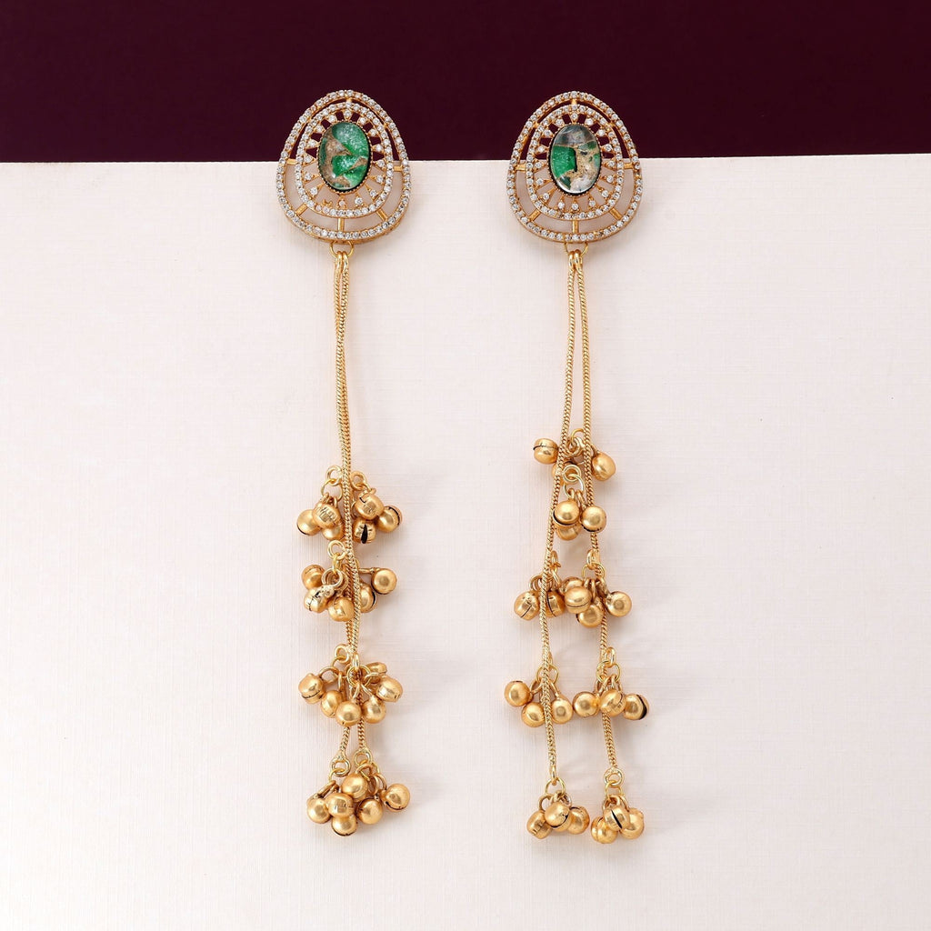 Green Color Antique Style Long Kashmiri Earrings For Traditional And Ethnic Functions