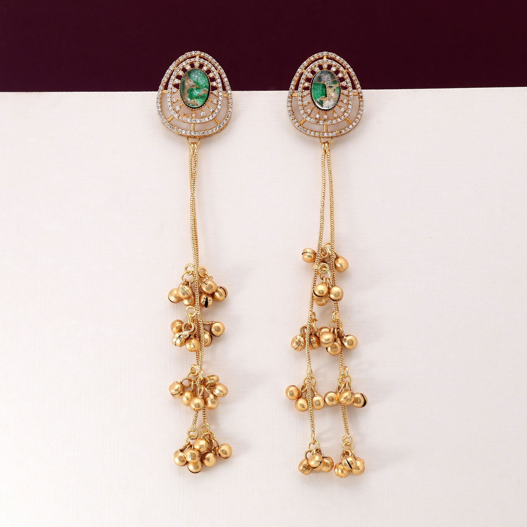 Green Color Antique Style Long Kashmiri Earrings For Traditional And Ethnic Functions