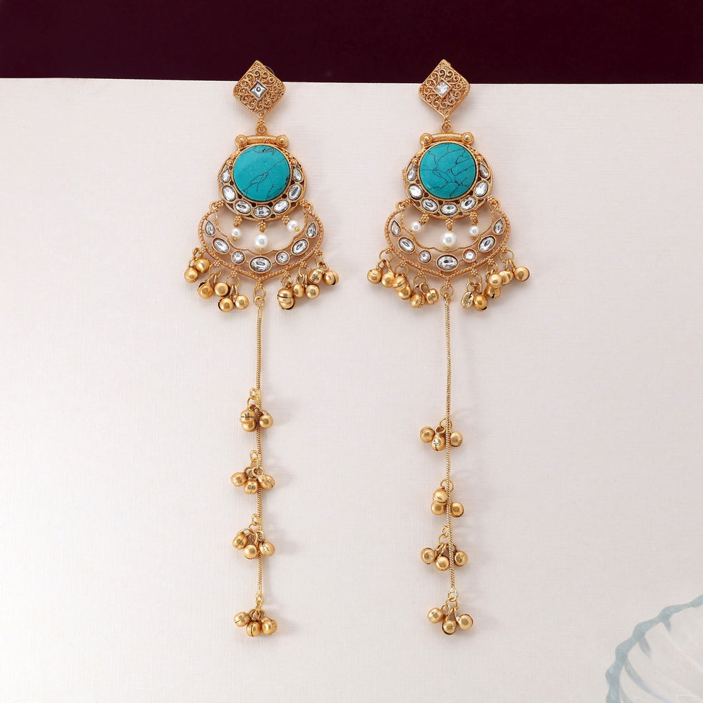 Aqua Green Color Handcrafted Long Kashmiri Earrings For Elegant Party Appearance