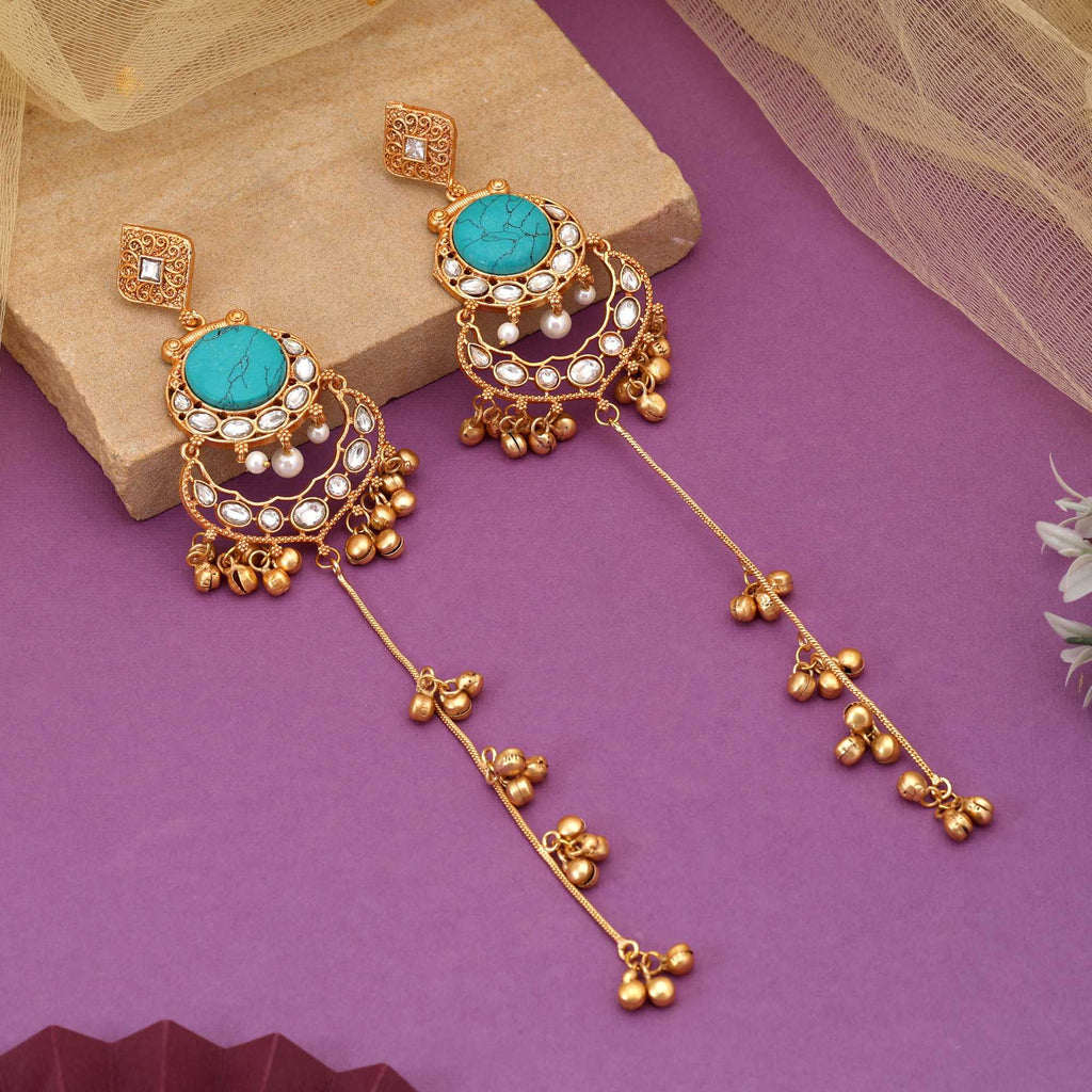 Aqua Green Color Handcrafted Long Kashmiri Earrings For Elegant Party Appearance