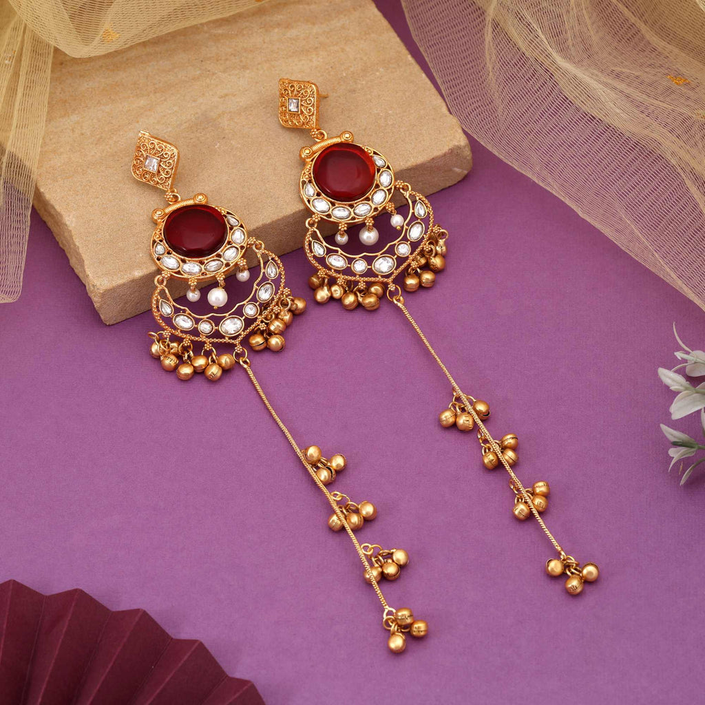 Maroon Color Antique Polish Long Kashmiri Earrings For Weddings And Celebrations