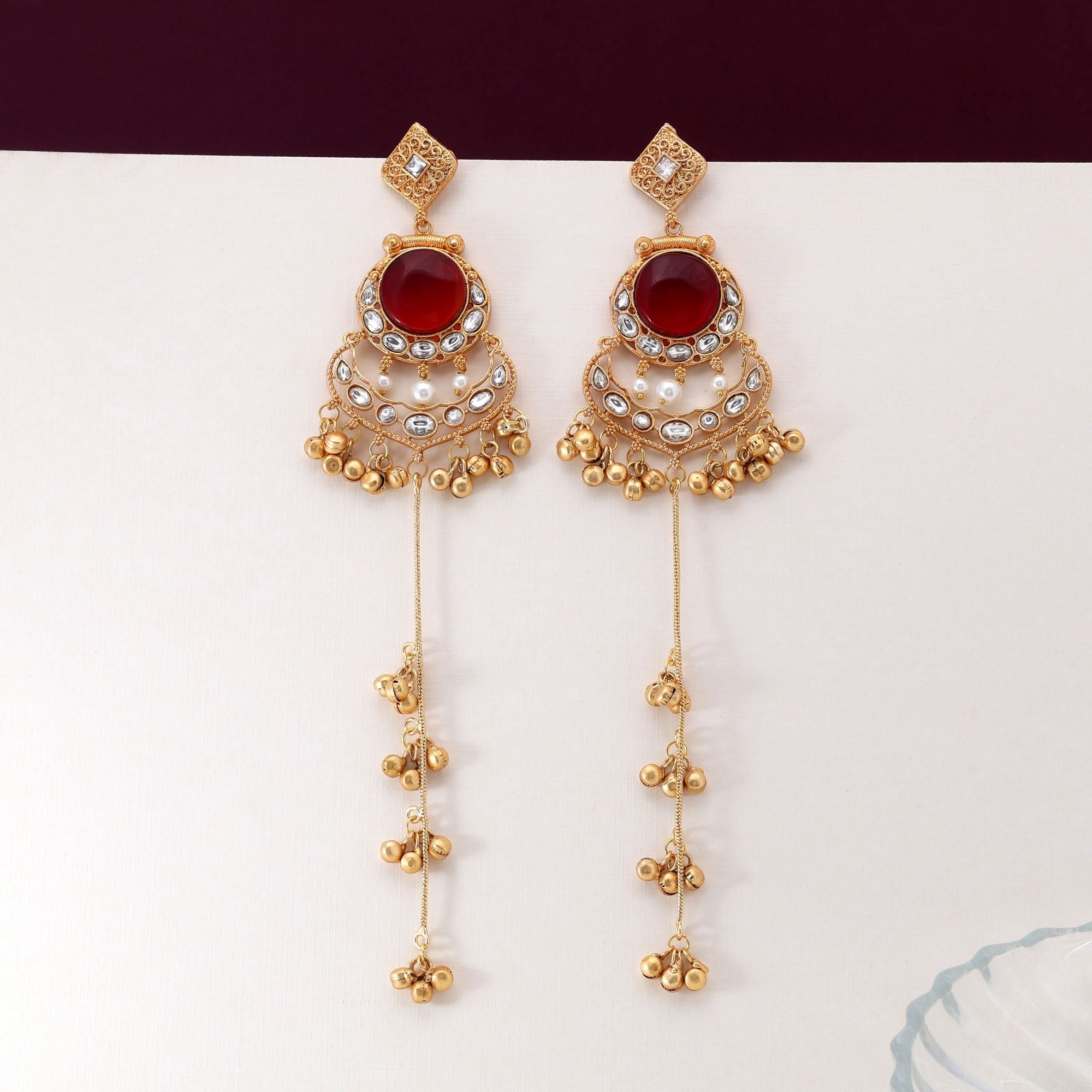 Maroon Color Antique Polish Long Kashmiri Earrings For Weddings And Celebrations