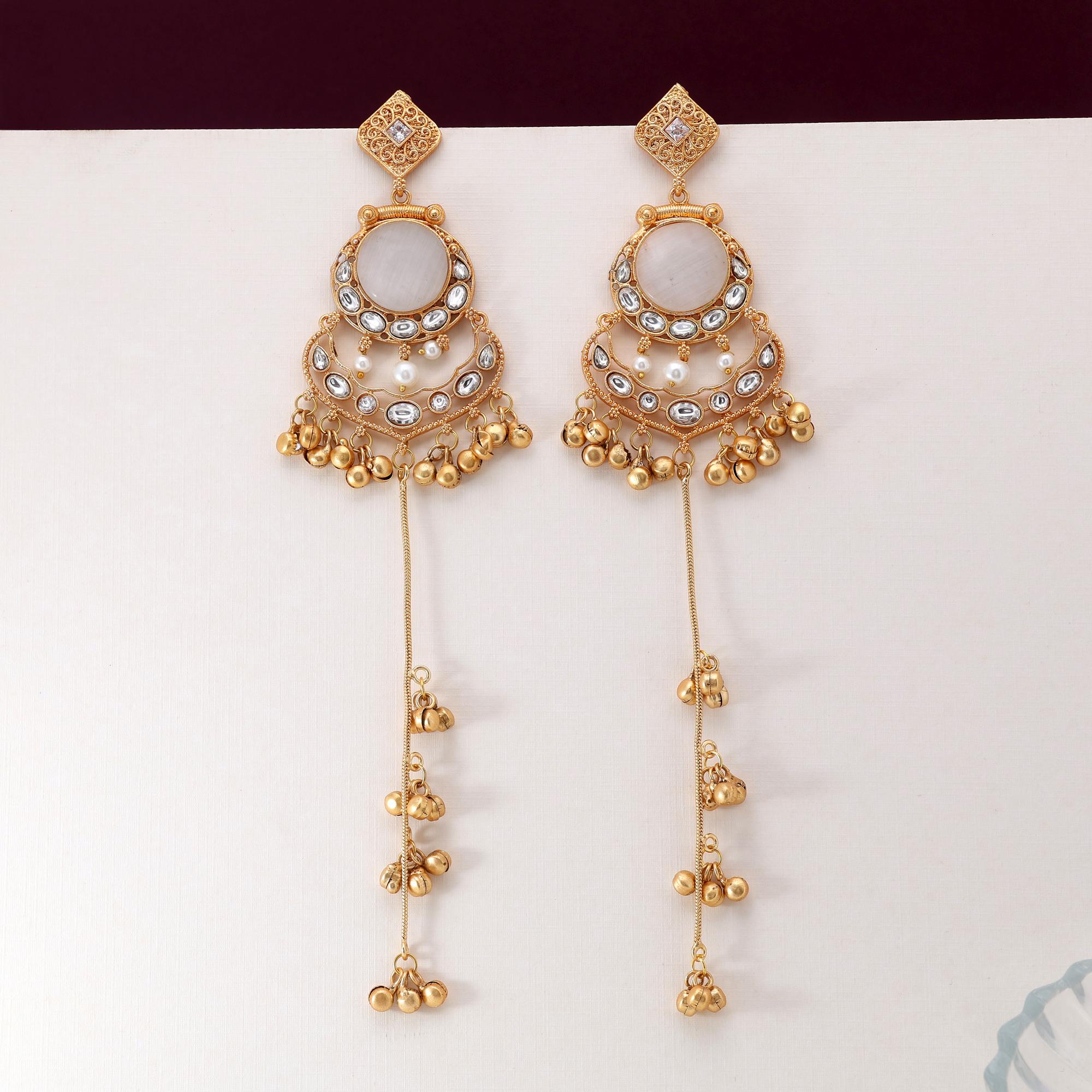 White Color Delicate Traditional Long Kashmiri Earrings For Brides And Women
