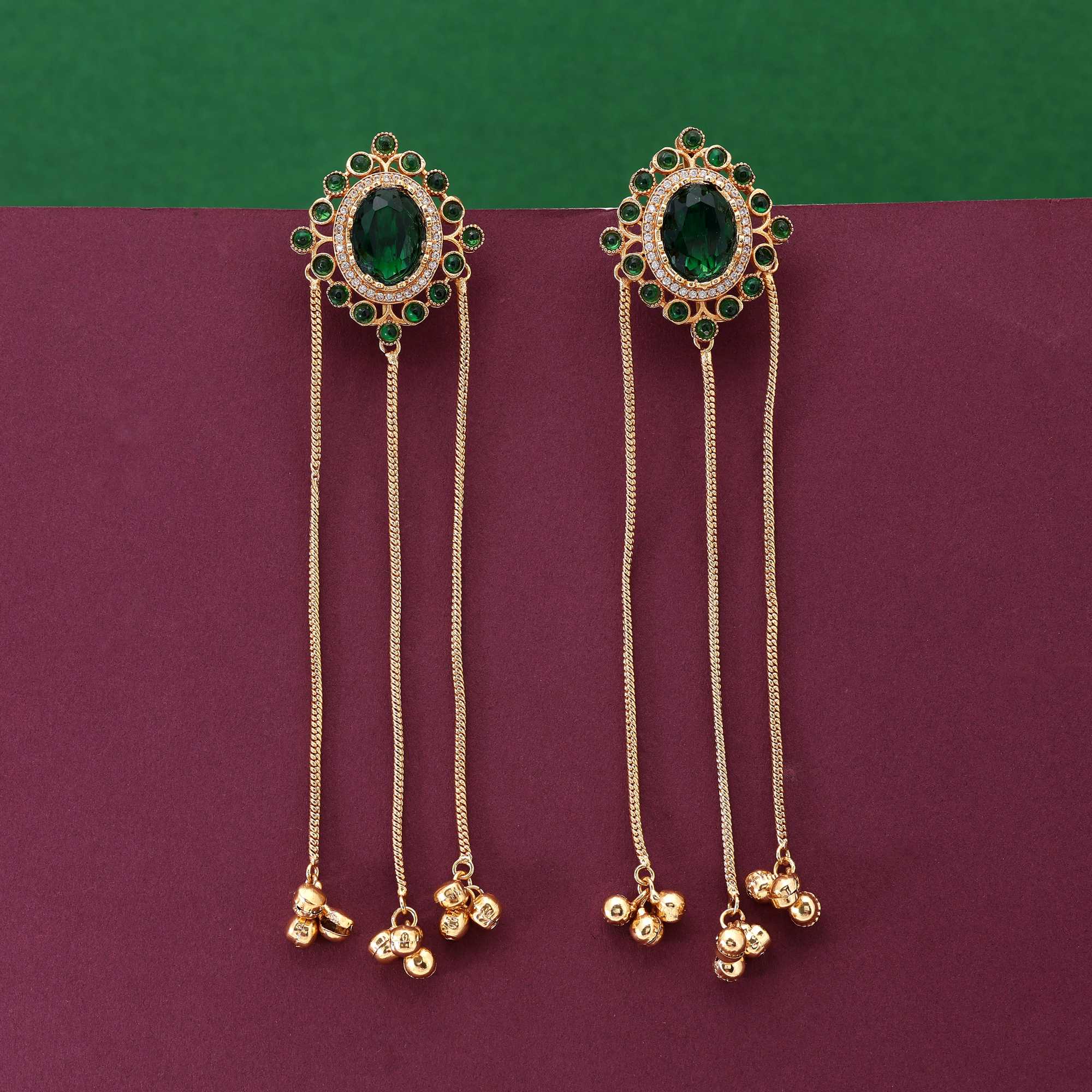Green Color Classy Handcrafted Long Kashmiri Earrings For Festivals And Events