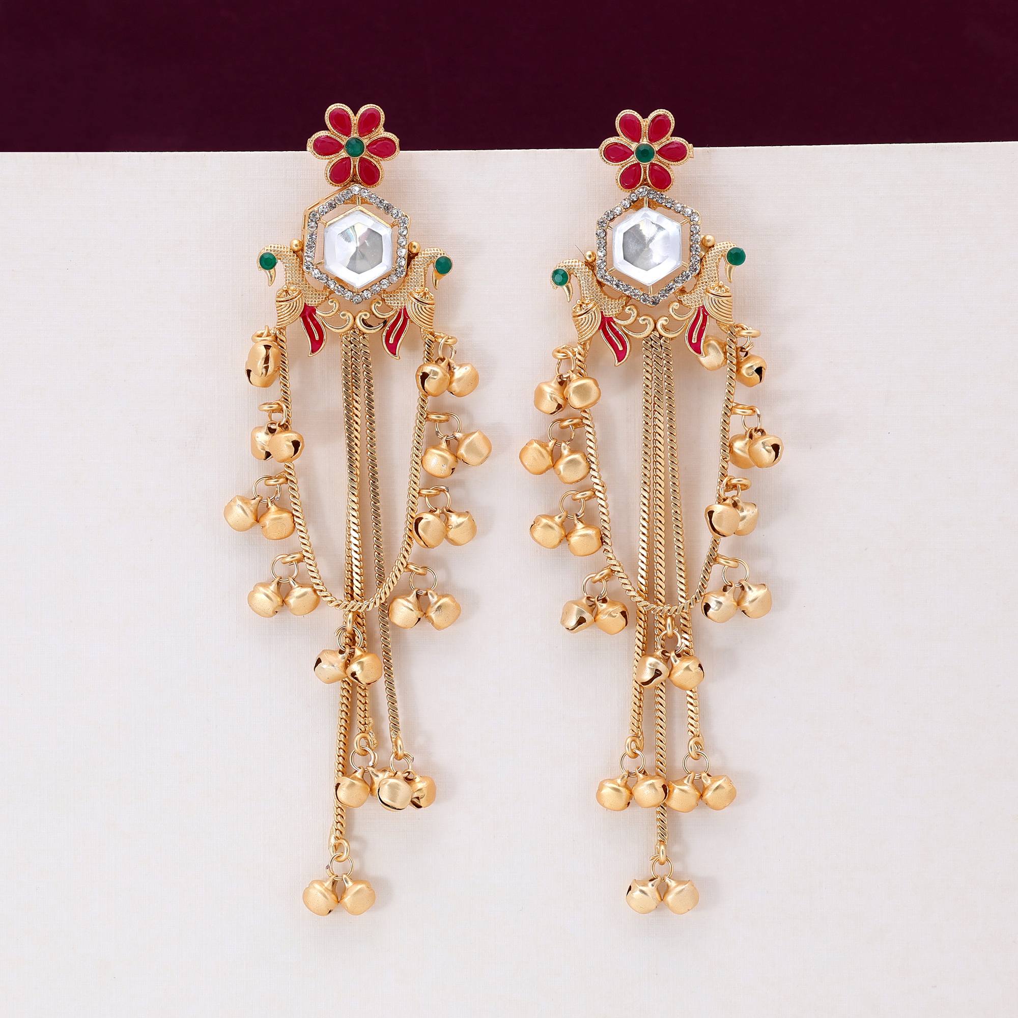 Rani & Green Color Gorgeous Heavy Work Long Kashmiri Earrings For Special Events